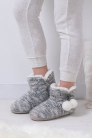 Totes Grey Ladies Knitted Boot Slippers With Pom Pom - Image 1 of 5