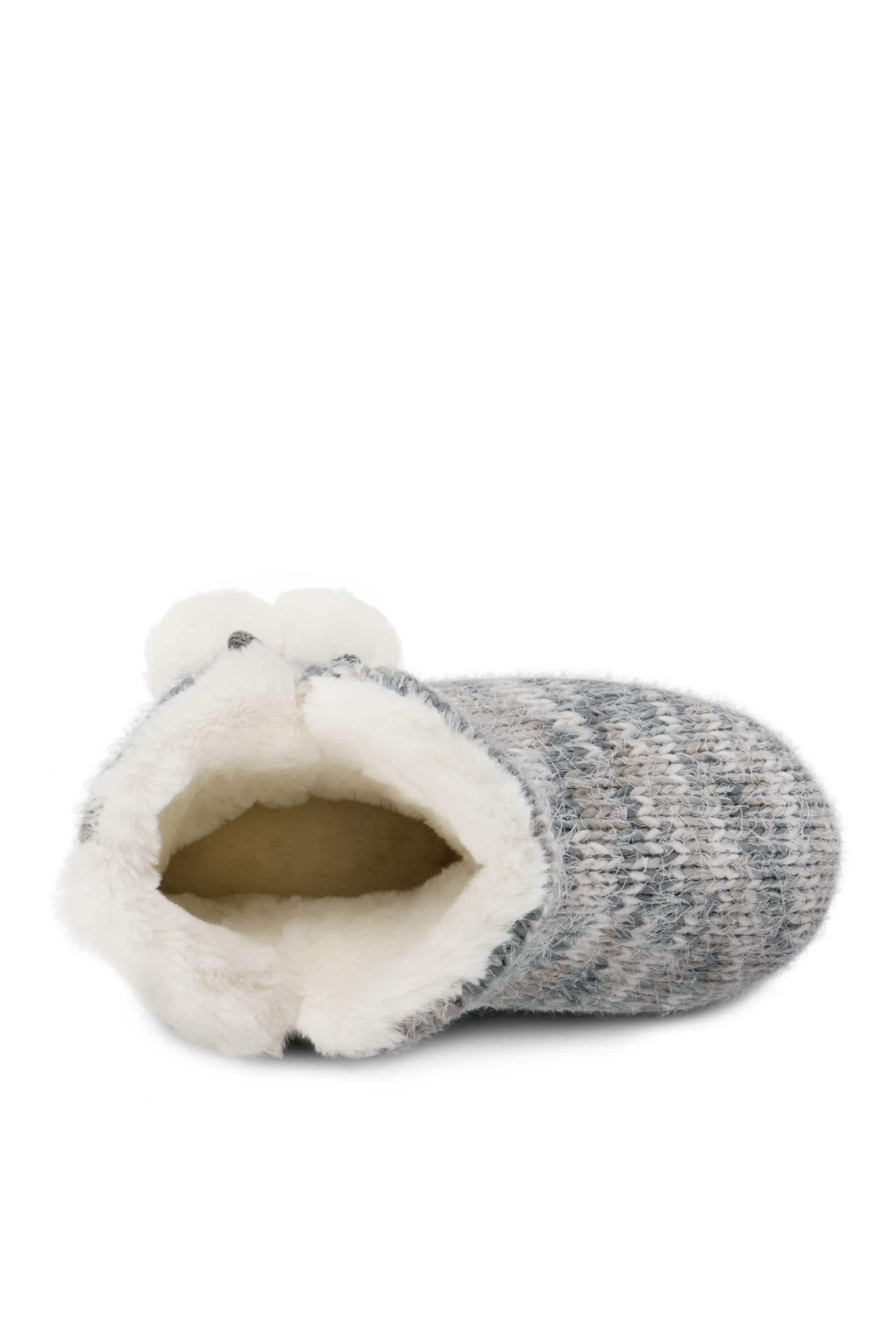 Totes Grey Ladies Knitted Boot Slippers With Pom Pom - Image 4 of 5