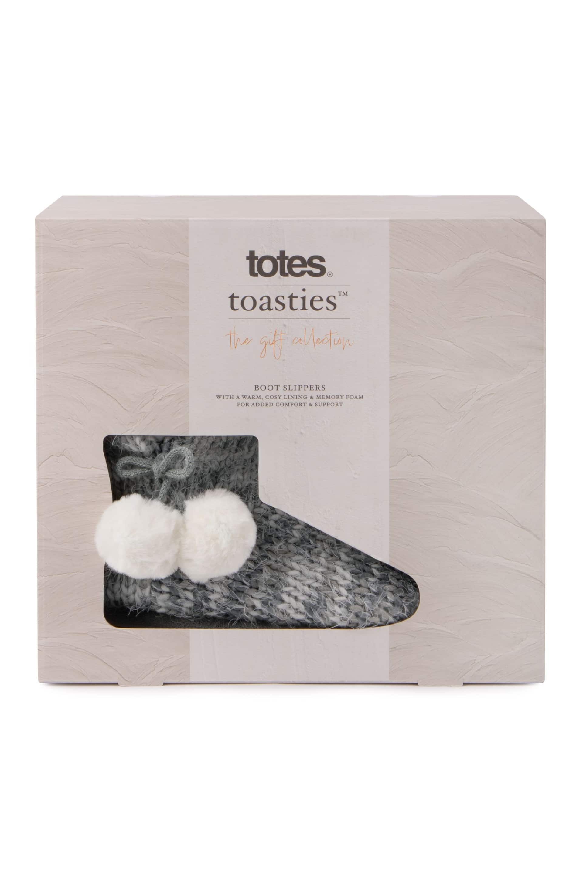 Totes Grey Ladies Knitted Boot Slippers With Pom Pom - Image 5 of 5