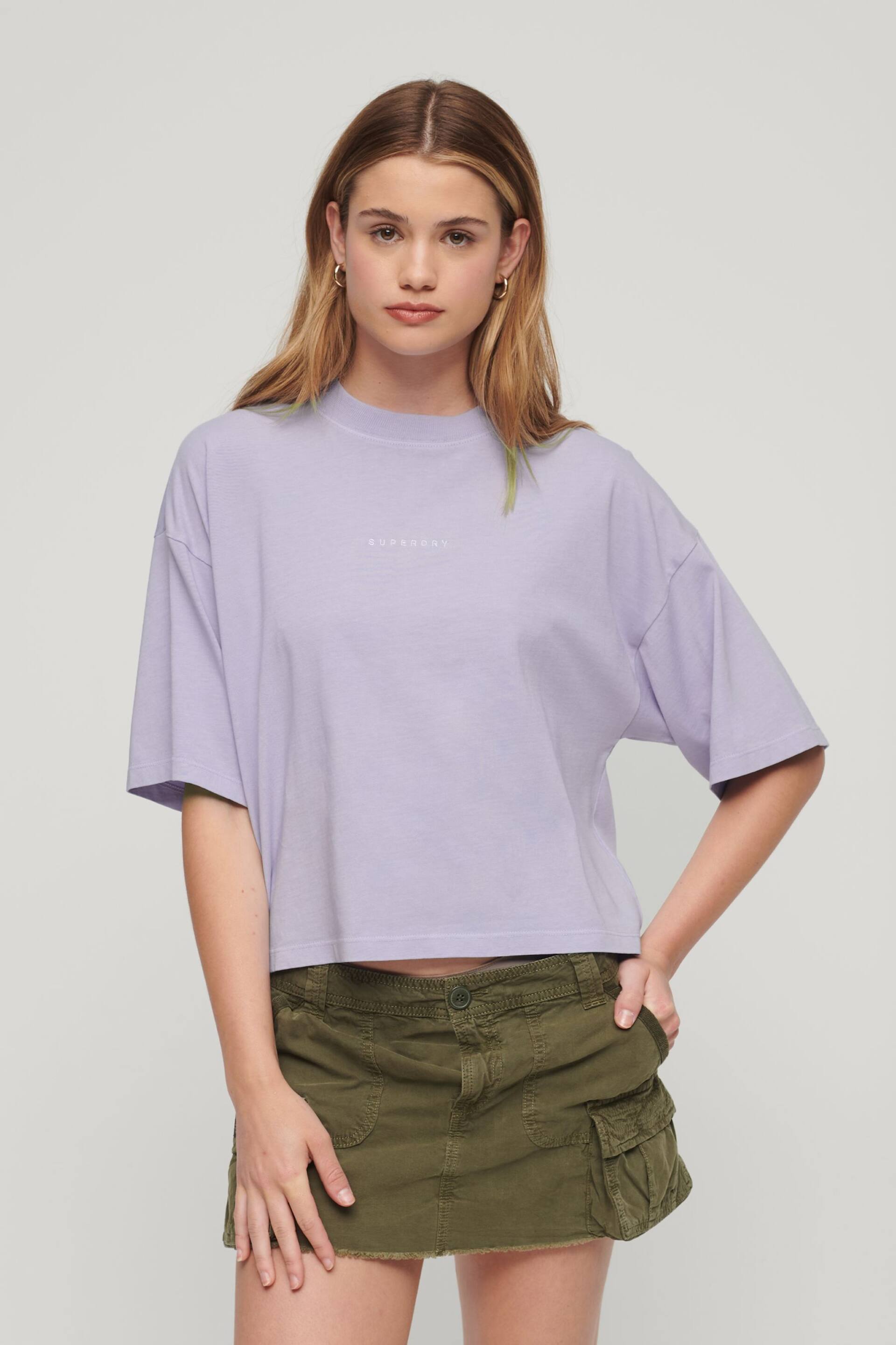 Superdry Purple Micro Logo Embroidered Boxy T-Shirt - Image 1 of 5