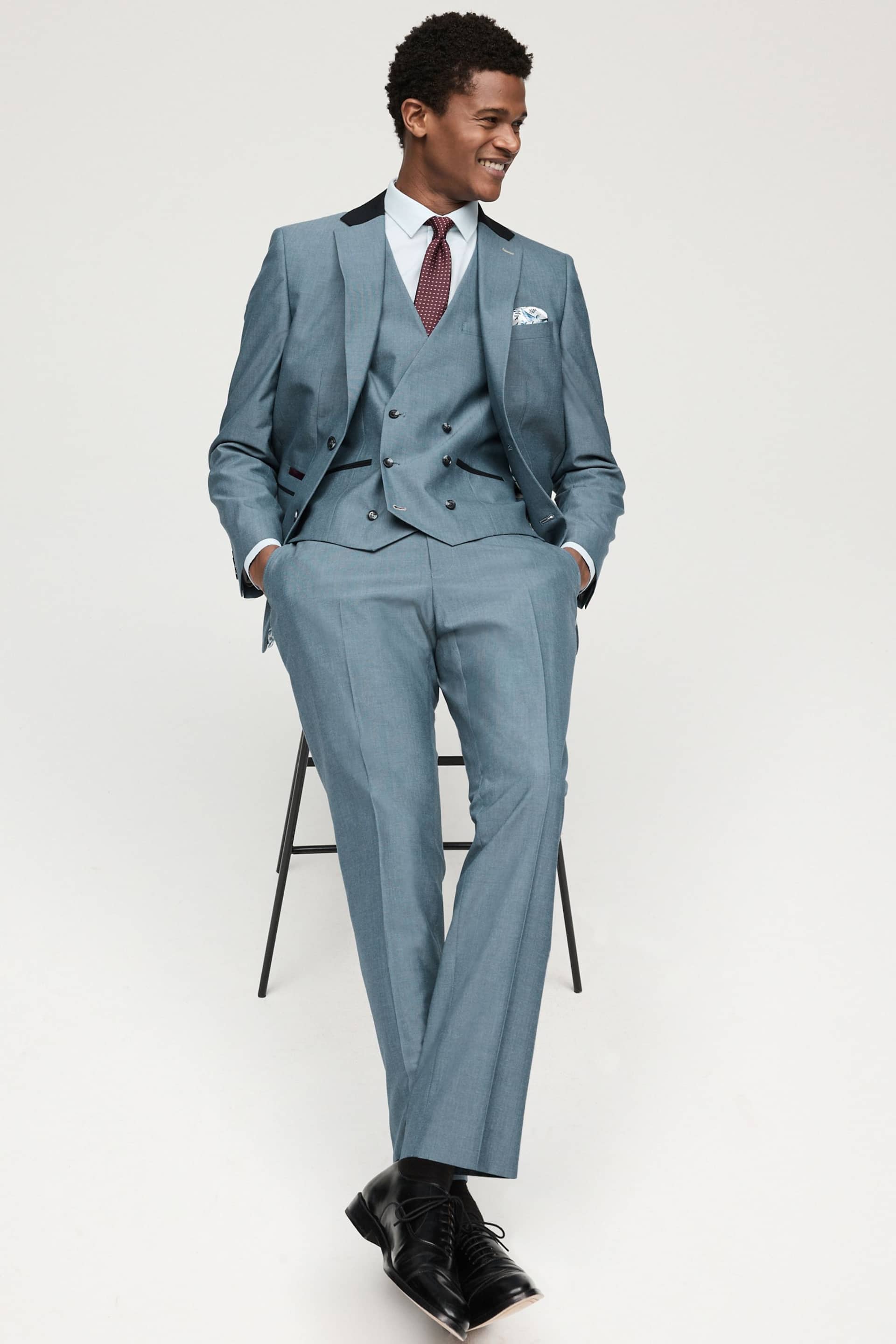 Light Blue Slim Fit Trimmed Suit Jacket - Image 2 of 11