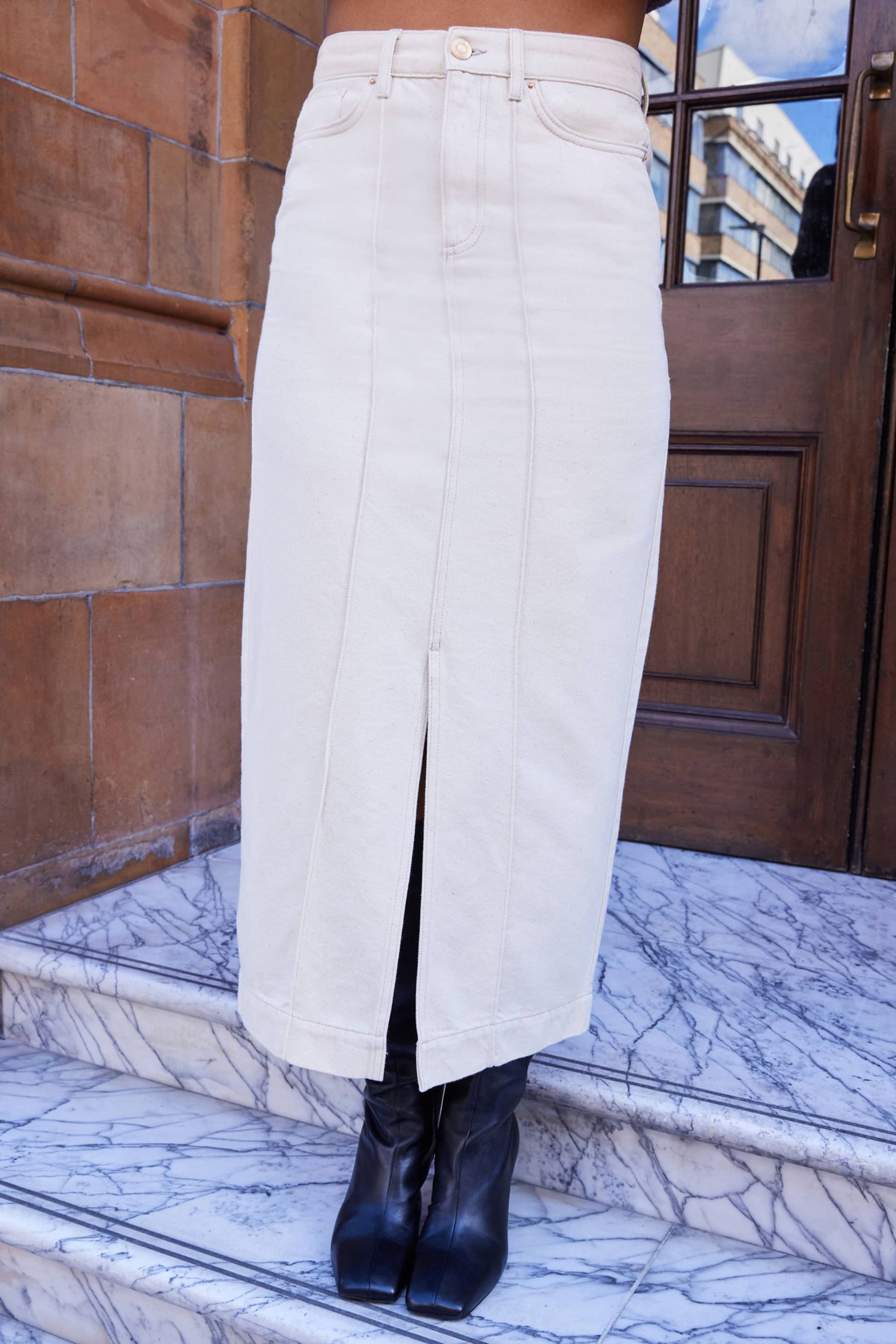 Ecru White Premium Denim Maxi Skirt - Image 1 of 9