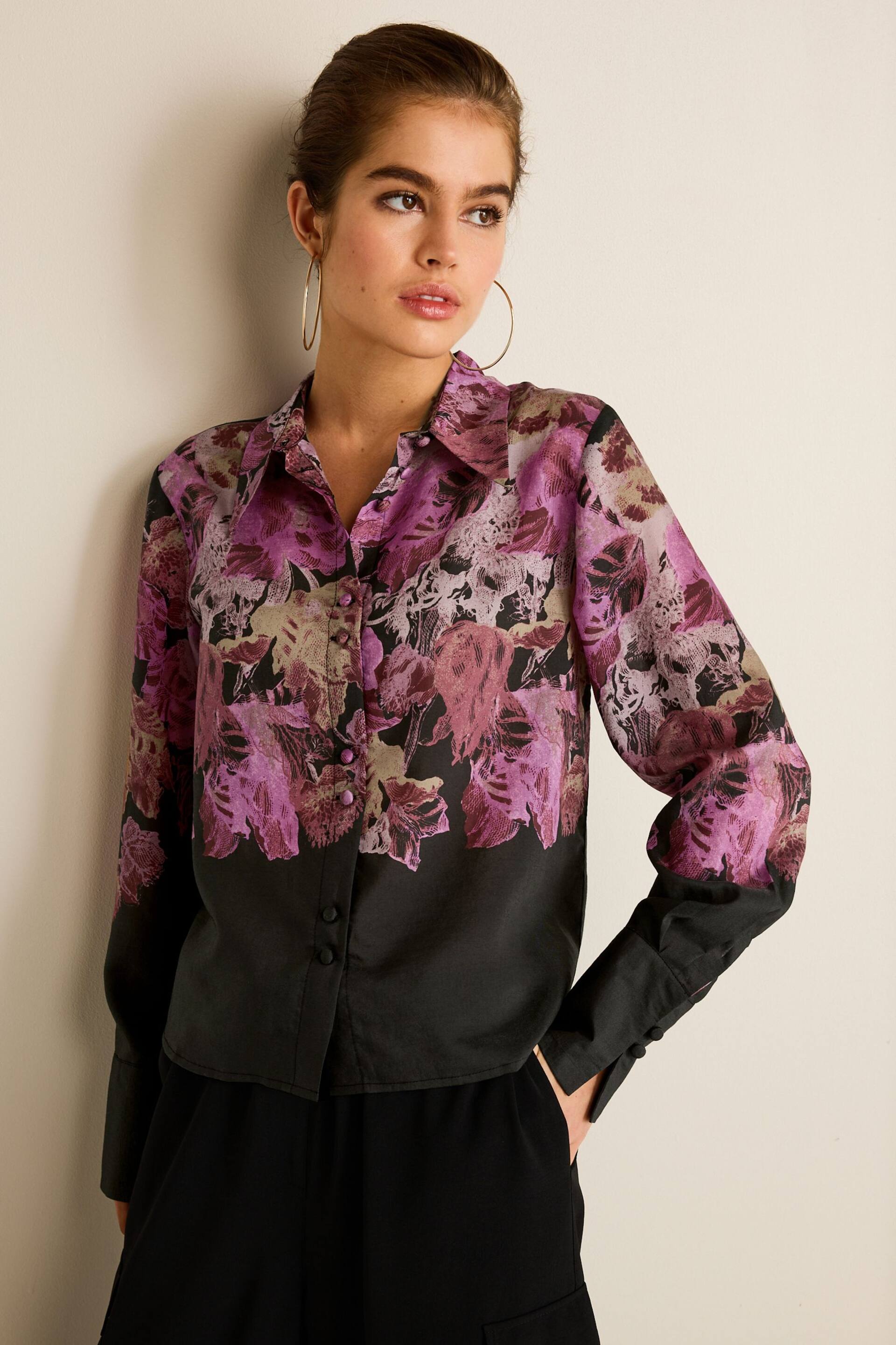 Purple/Black Floral Placement Sheer Placement Print Long Sleeve Shirt - Image 1 of 6