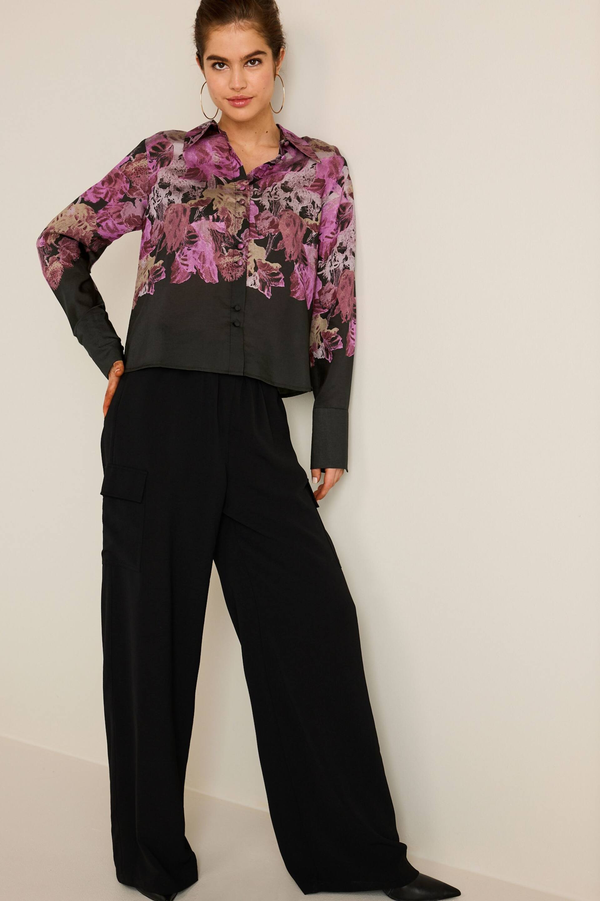 Purple/Black Floral Placement Sheer Placement Print Long Sleeve Shirt - Image 2 of 6