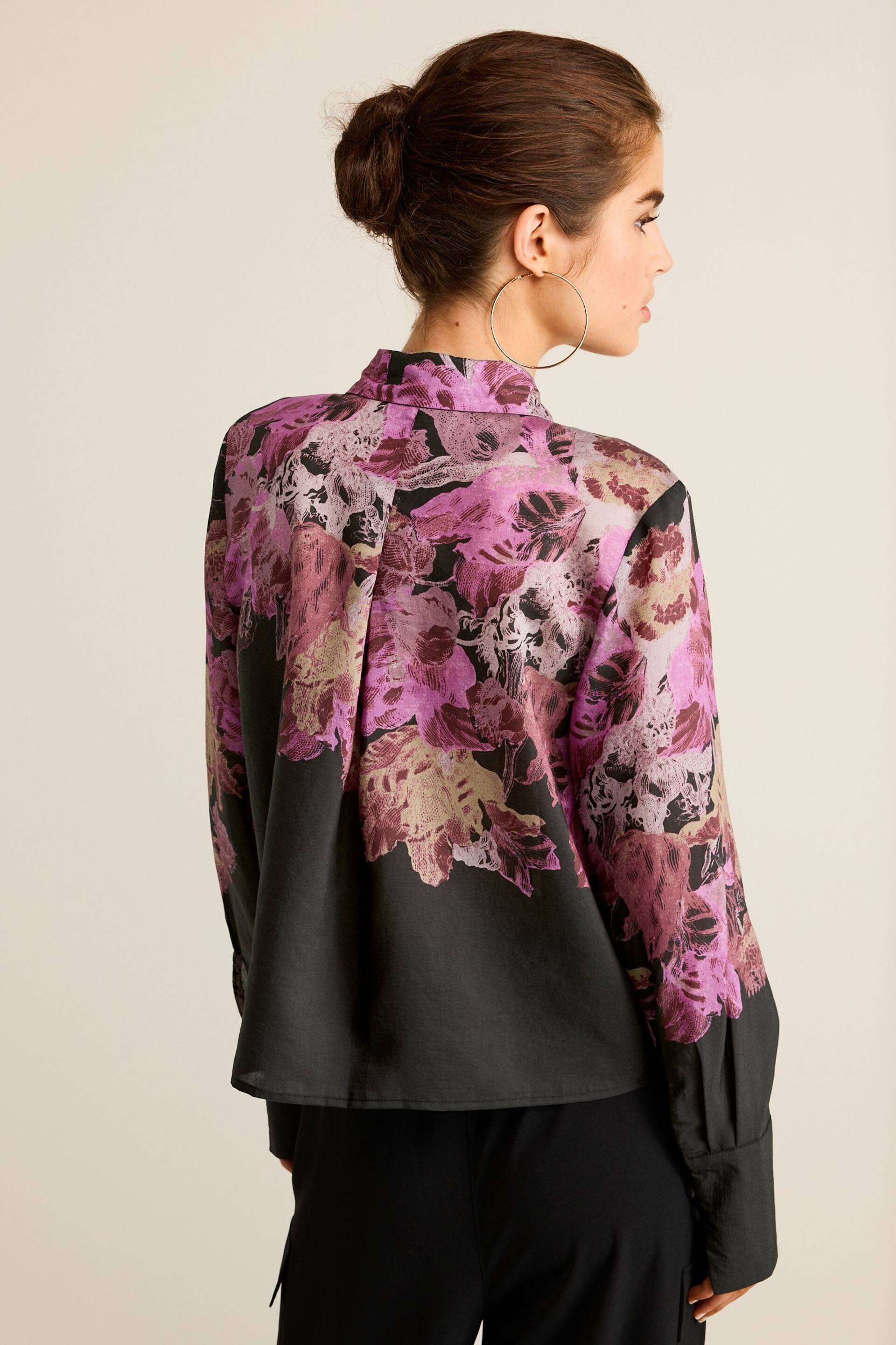 Purple/Black Floral Placement Sheer Placement Print Long Sleeve Shirt - Image 3 of 6