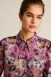 Purple/Black Floral Placement Sheer Placement Print Long Sleeve Shirt - Image 4 of 6