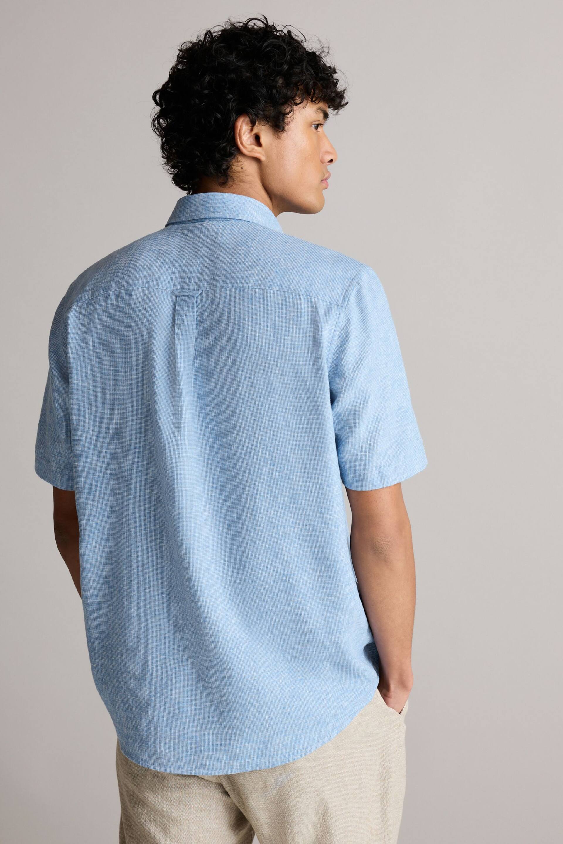 Blue Standard Collar Linen Blend Short Sleeve Shirt - Image 3 of 8