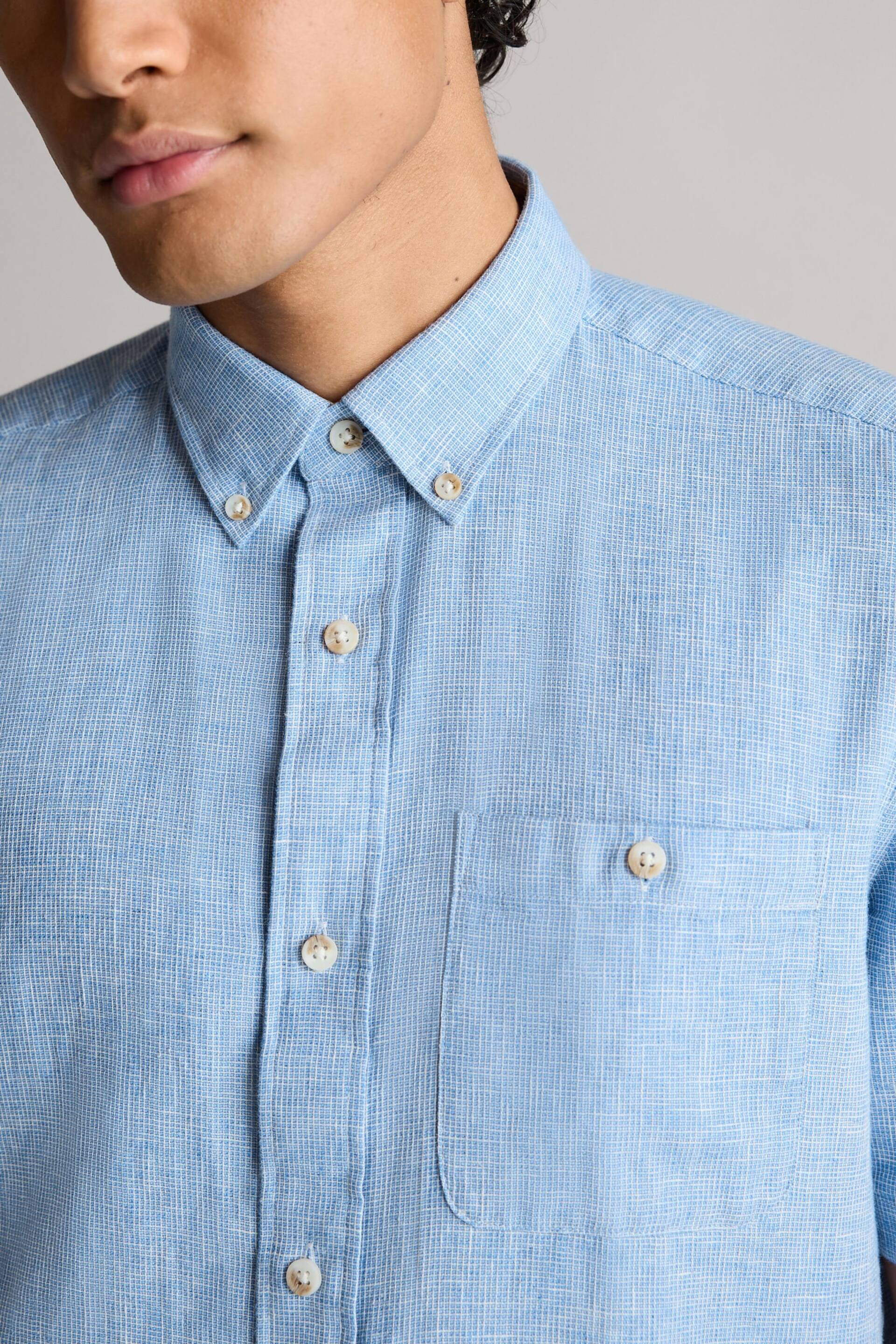 Blue Standard Collar Linen Blend Short Sleeve Shirt - Image 4 of 8