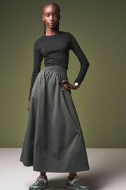 Khaki Green Poplin Midi Shirred Waist Skirt - Image 1 of 11