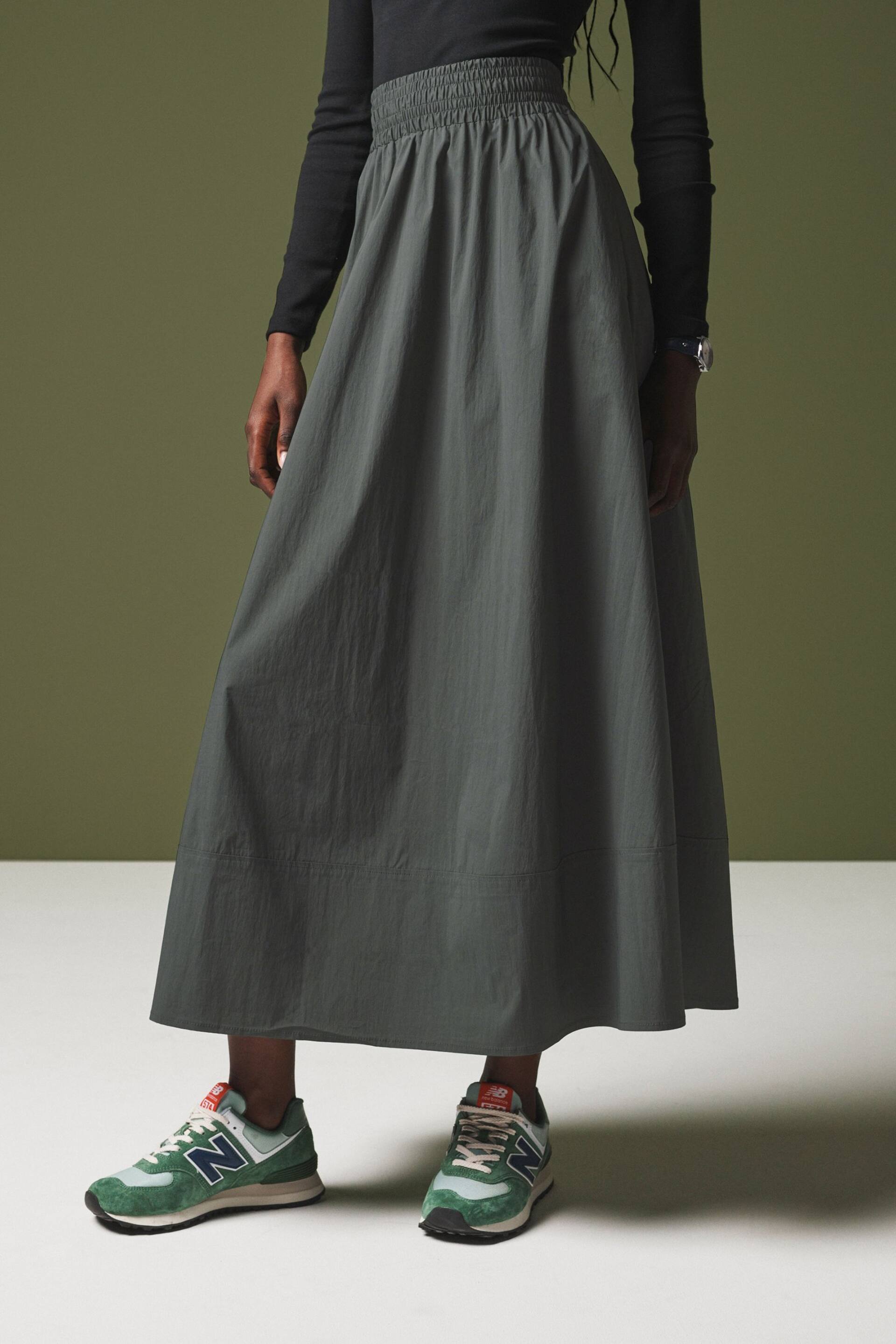 Khaki Green Poplin Midi Shirred Waist Skirt - Image 4 of 11