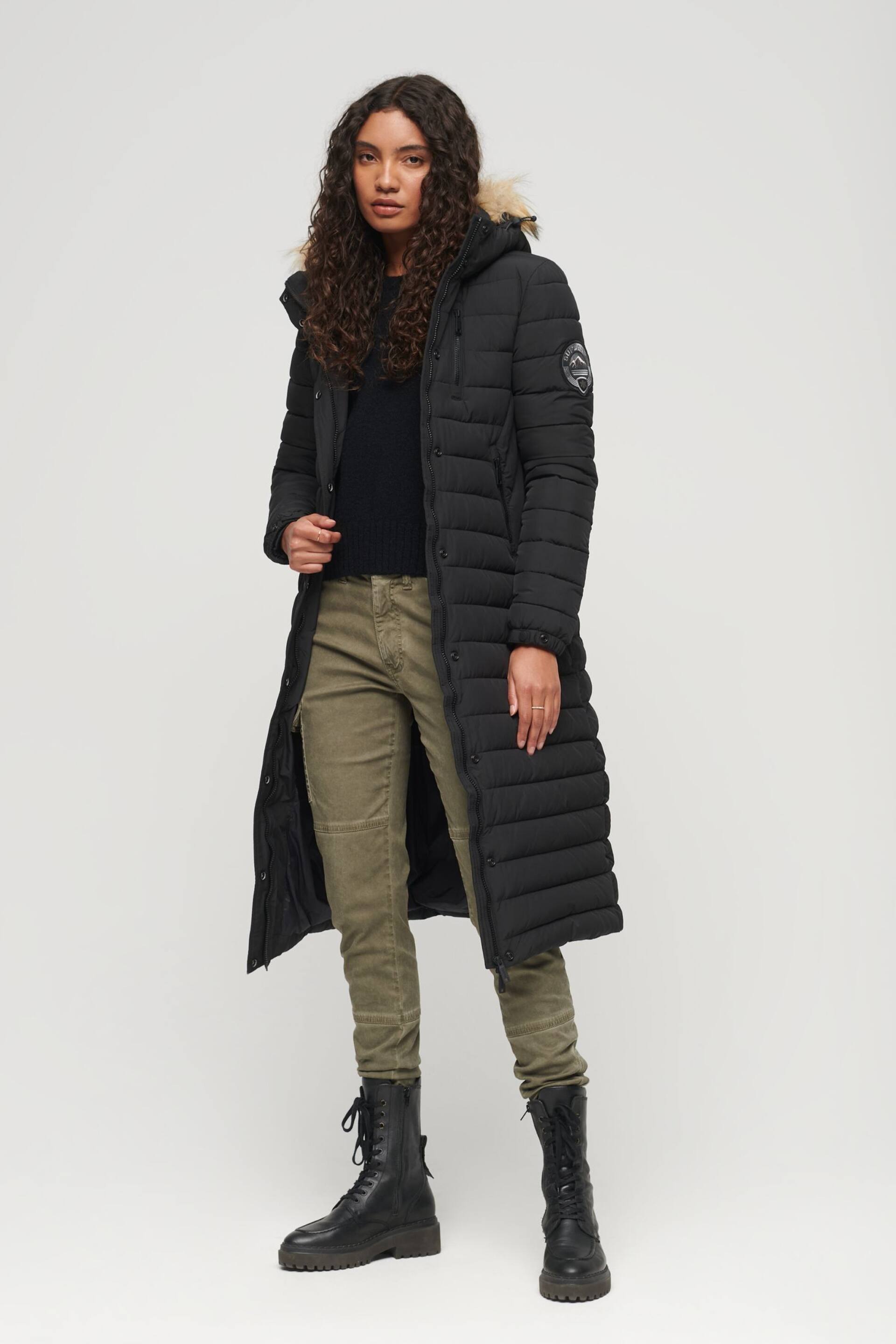 Superdry Black Fuji Hooded Longline Puffer Coat - Image 2 of 7