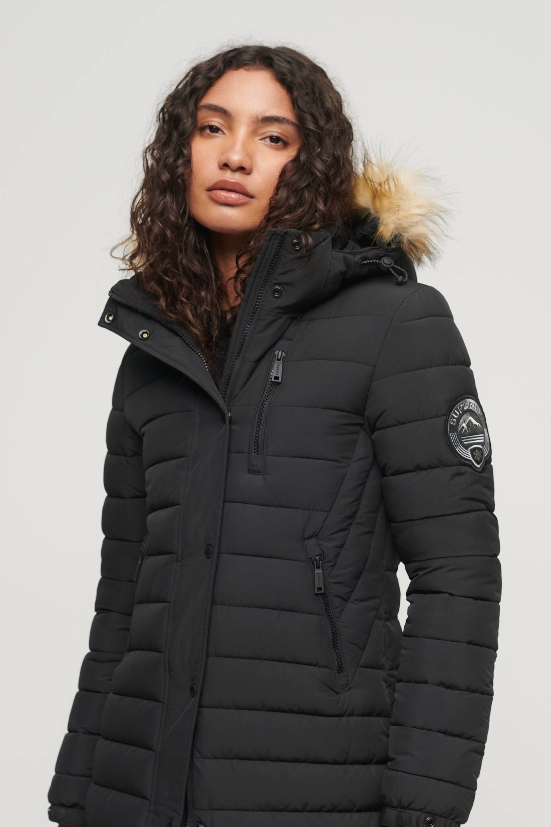 Superdry Black Fuji Hooded Longline Puffer Coat - Image 4 of 7