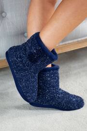 Pour Moi Blue Cable Knit Faux Fur Lined Bootie Slippers - Image 1 of 3