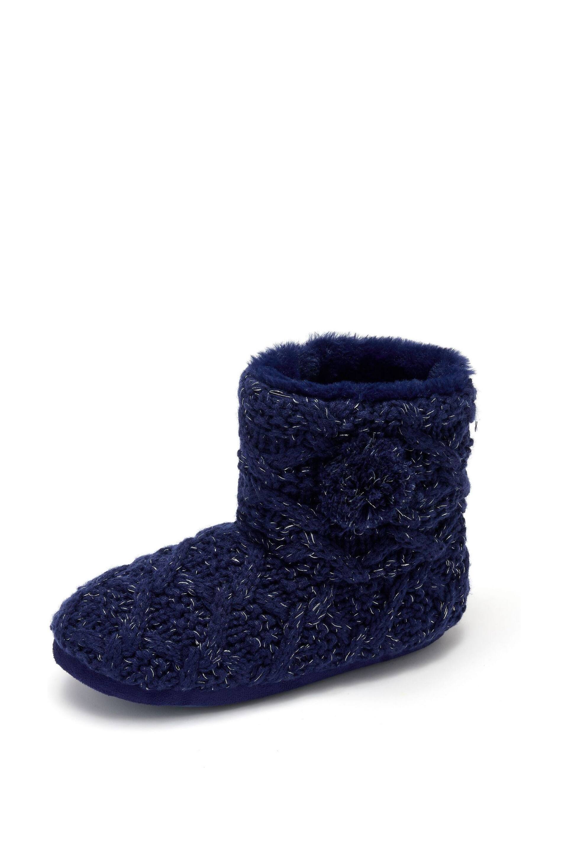 Pour Moi Blue Cable Knit Faux Fur Lined Bootie Slippers - Image 3 of 3