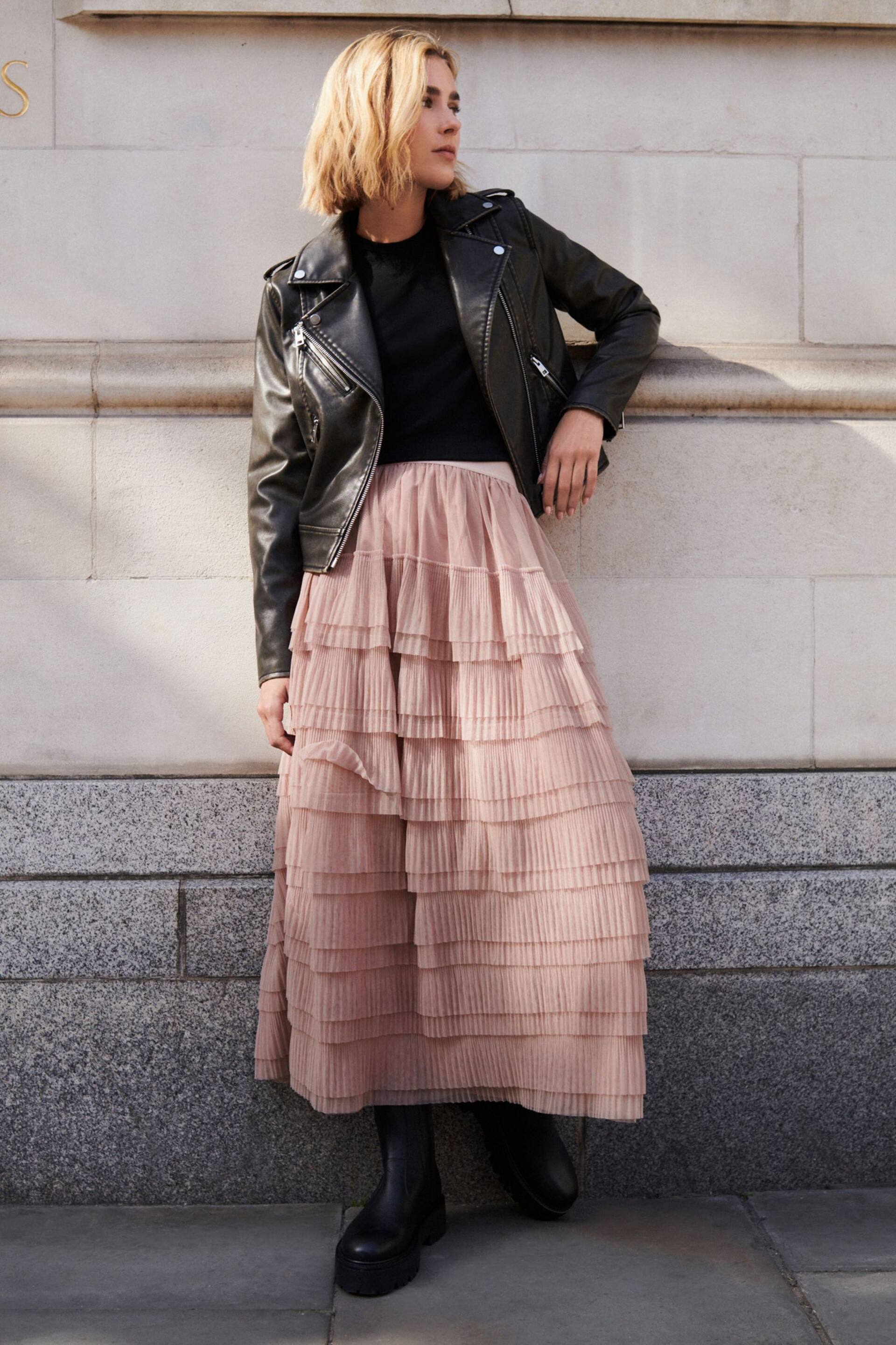 Pink Mesh Tulle Midi Skirt - Image 2 of 6