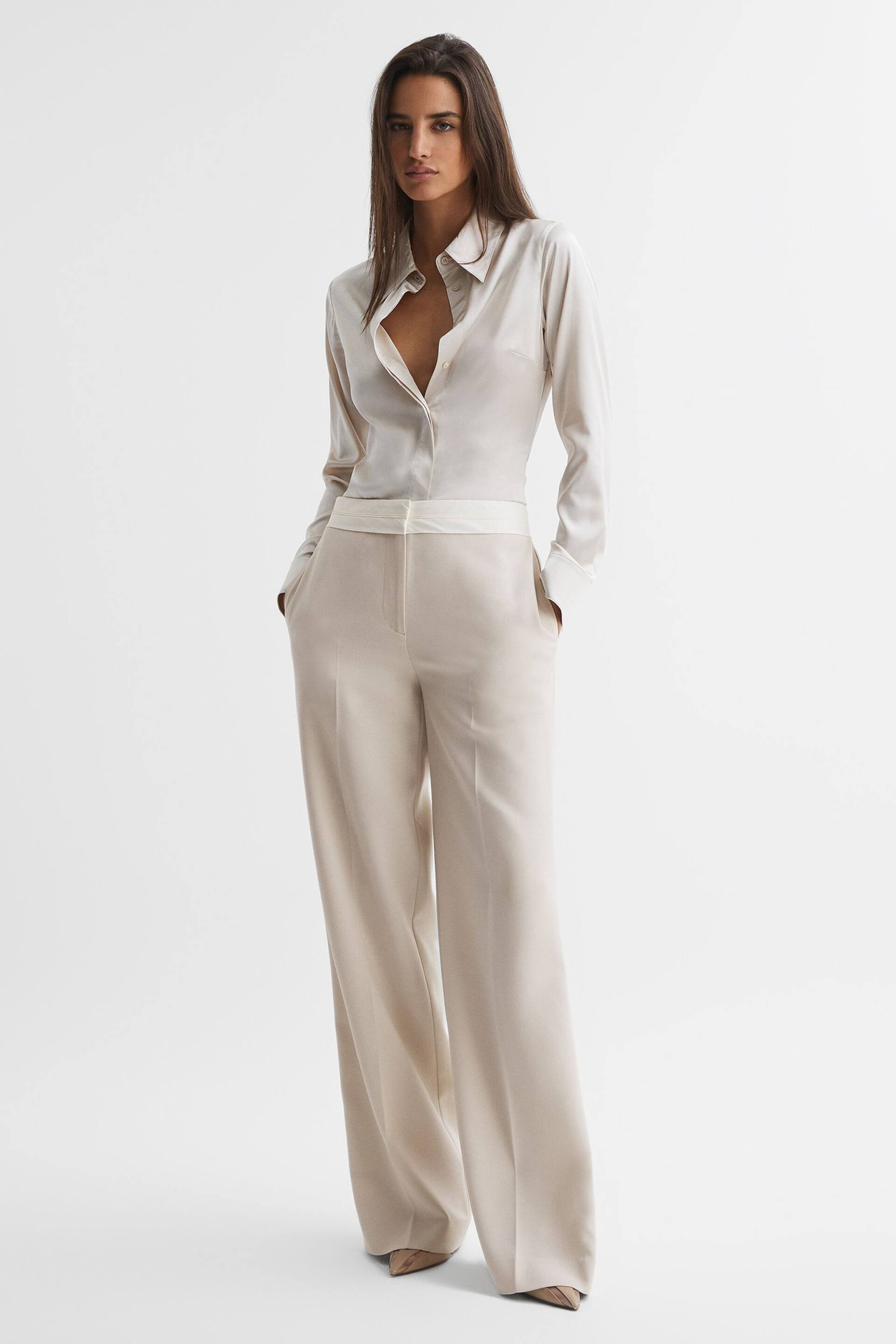 Reiss Neutral Maya Mid Rise Contrast Wide Leg Suit Trousers - Image 1 of 5