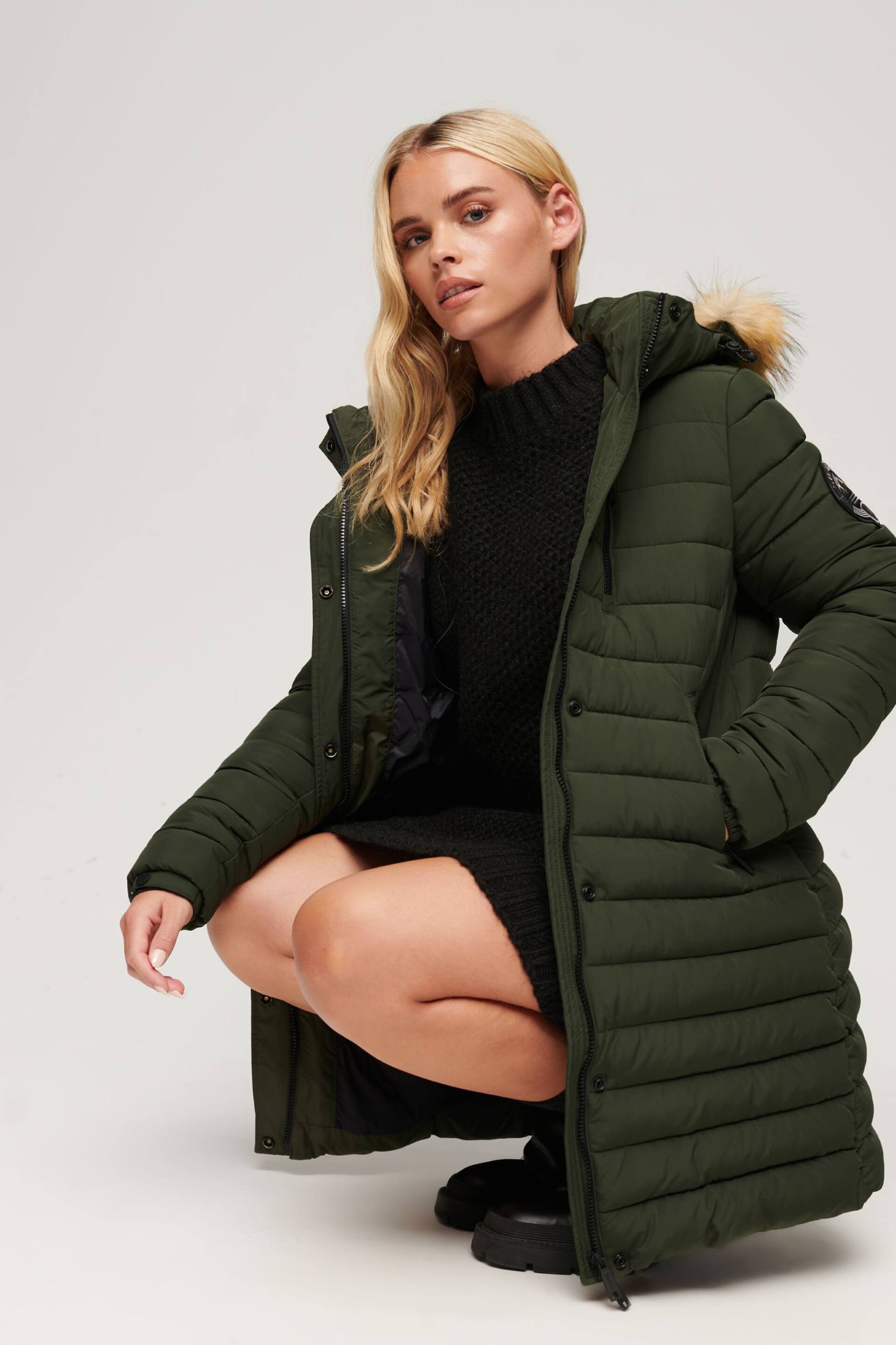 Superdry Green Fuji Hooded Mid Length Puffer Coat - Image 3 of 5