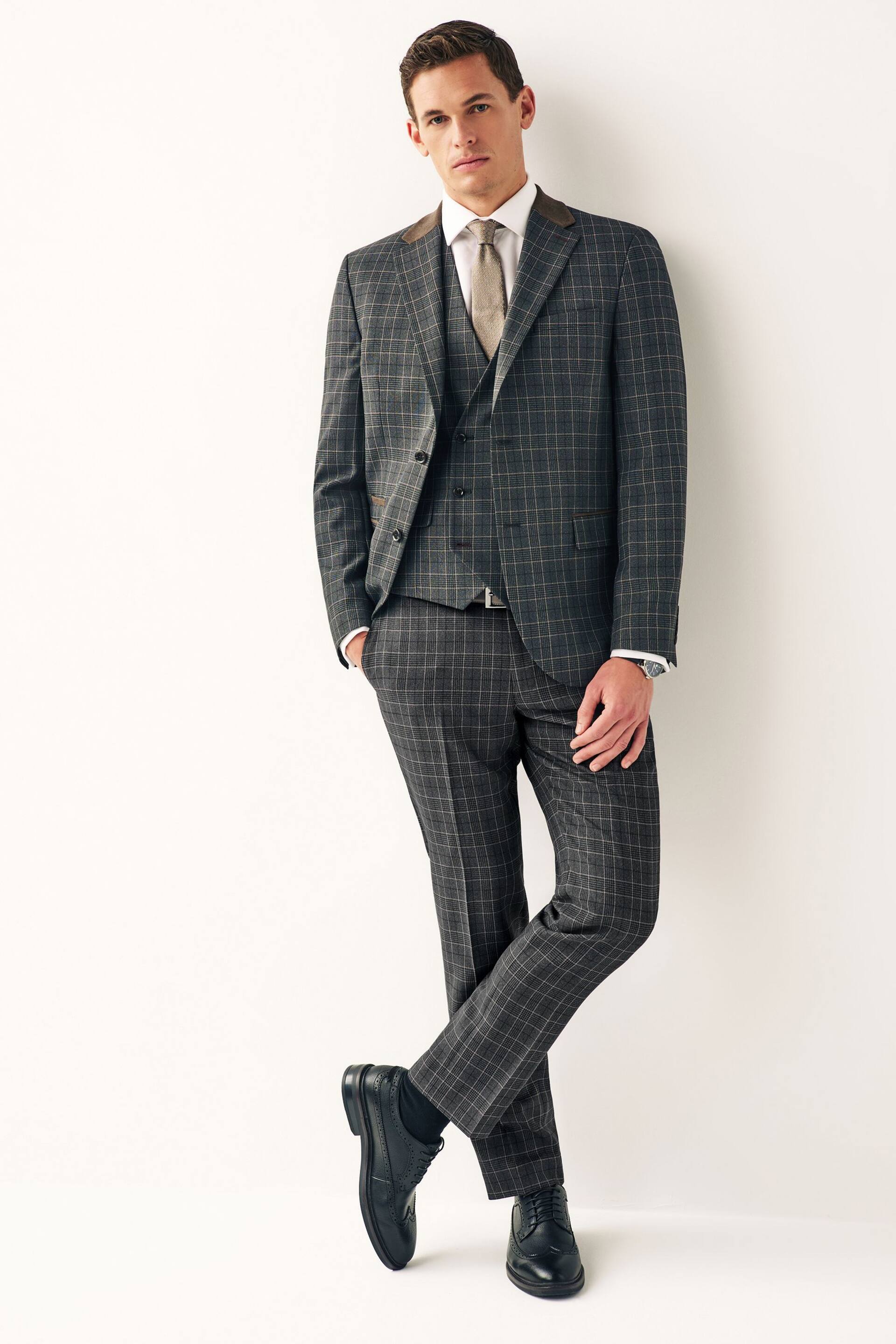 Charcoal Grey Tailored Tailored Fit Trimmed Check Suit Trousers - Image 2 of 7