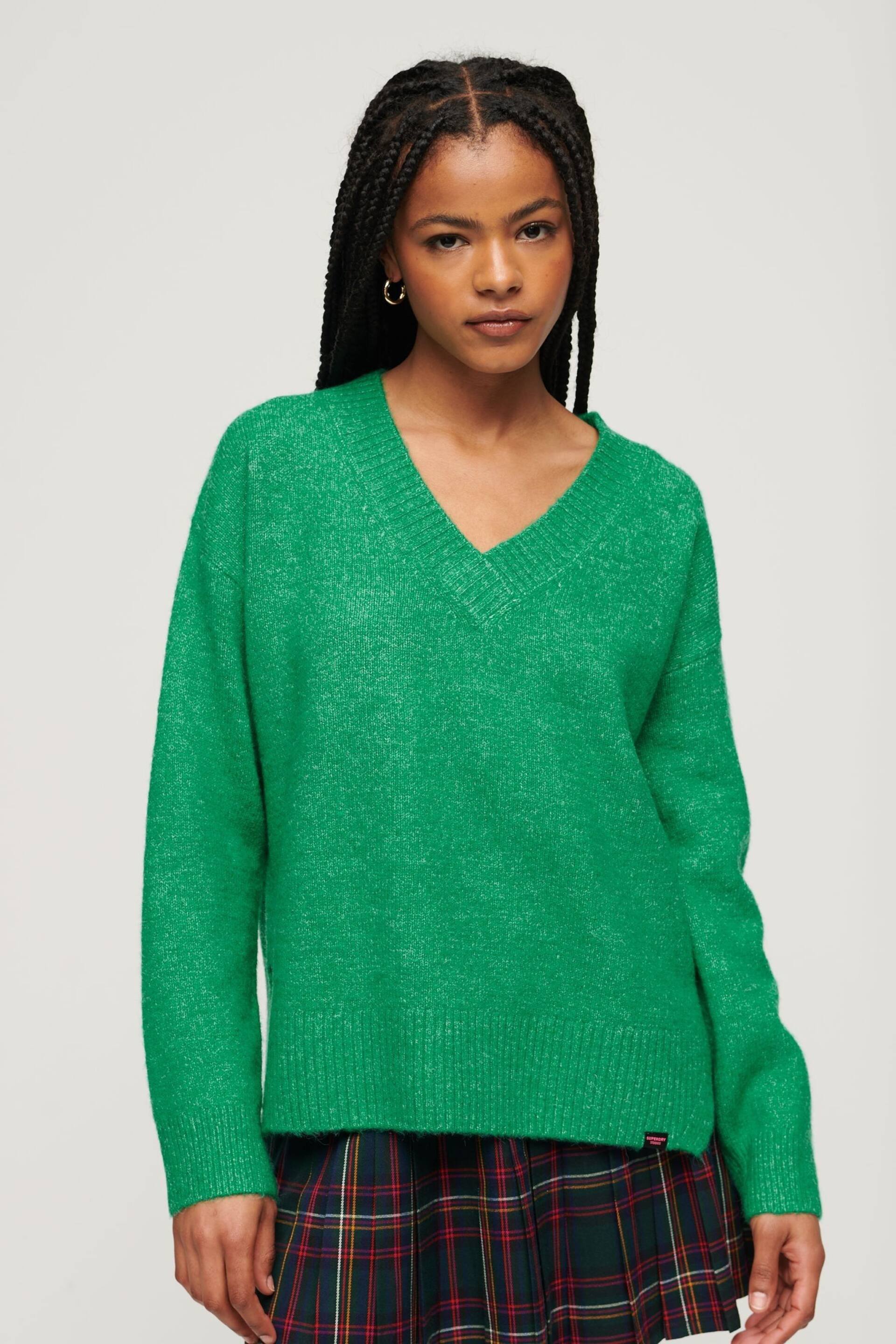 Superdry Green Oversized V-Neck Jumper - Image 1 of 6