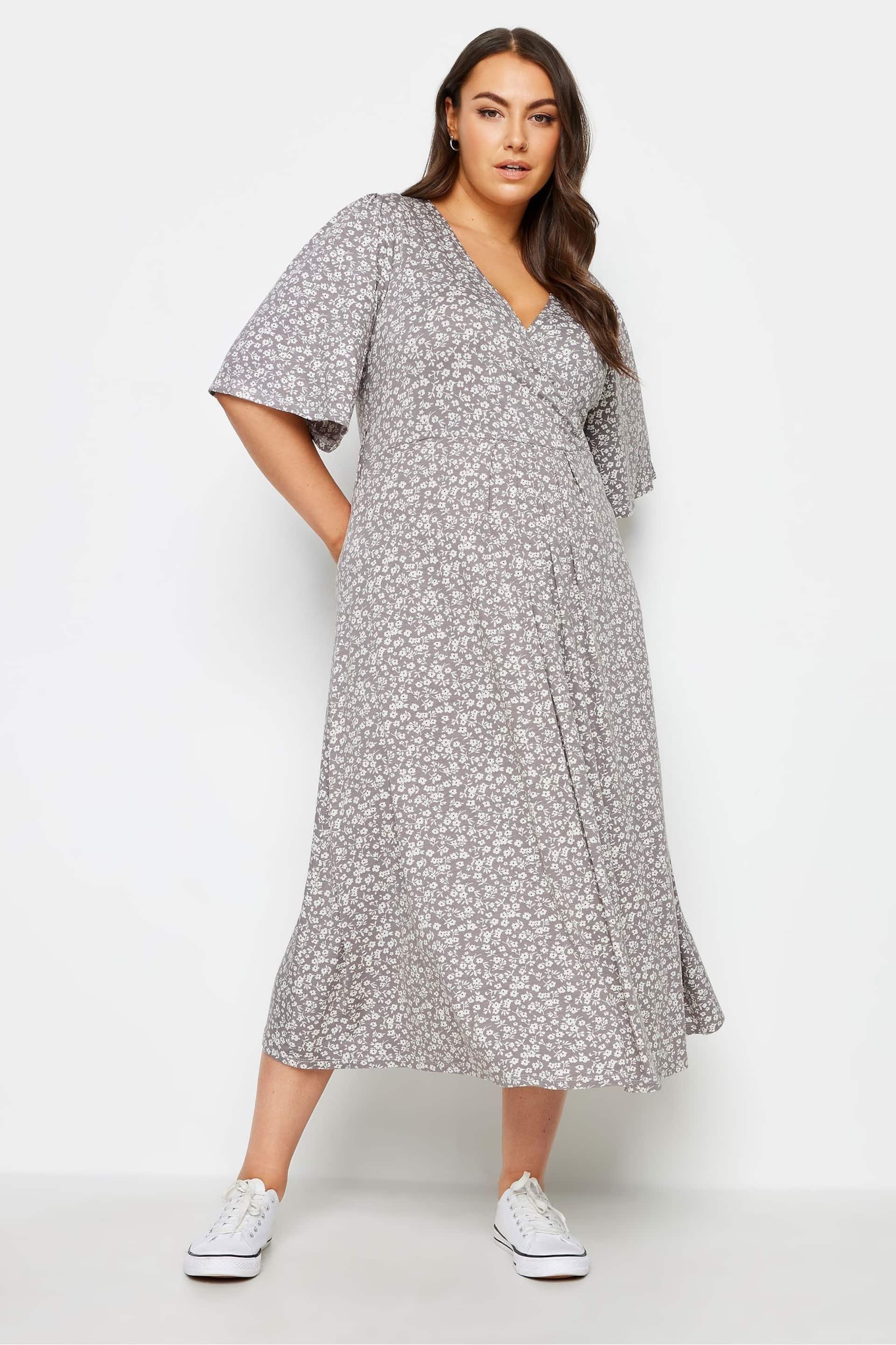 Yours Curve Grey Floral Maxi Wrap Dress - Image 3 of 4