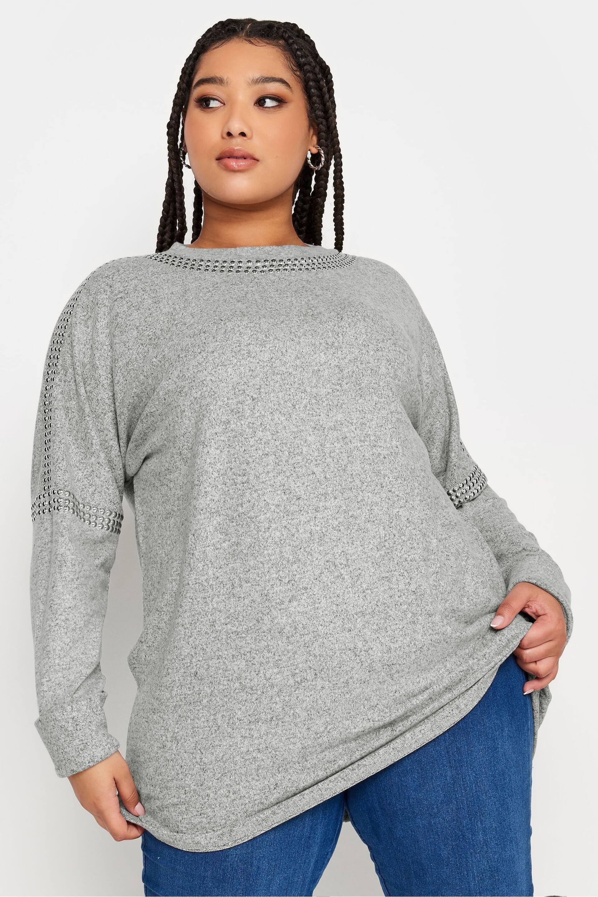Yours Curve Grey Studded Batwing Jumper - Image 1 of 4