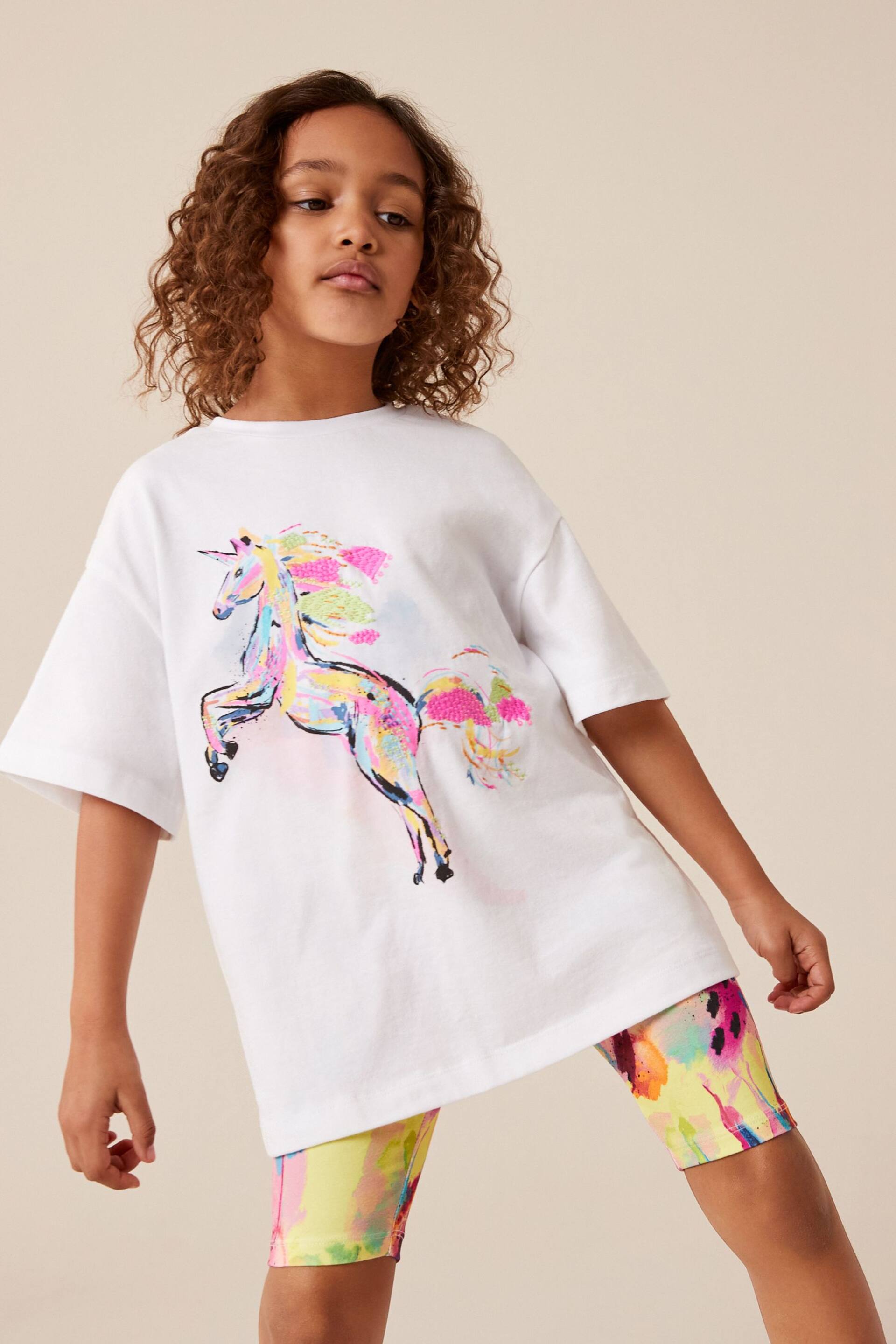 Ecru White Rainbow Unicorn Oversized T-Shirt and Cycle Shorts Set (3-16yrs) - Image 2 of 6