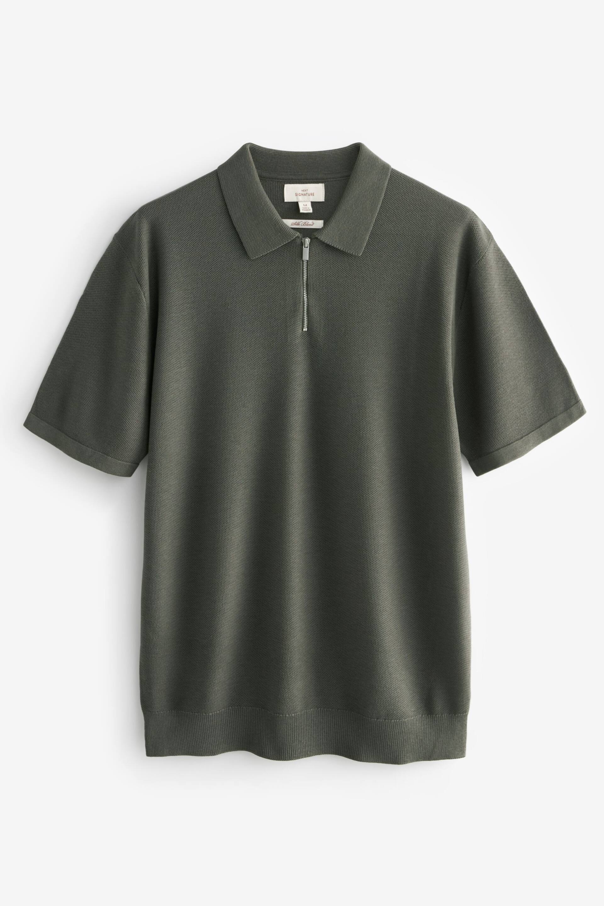 Khaki Green Signature Regular Silk Blend Zip Polo Shirt - Image 5 of 8