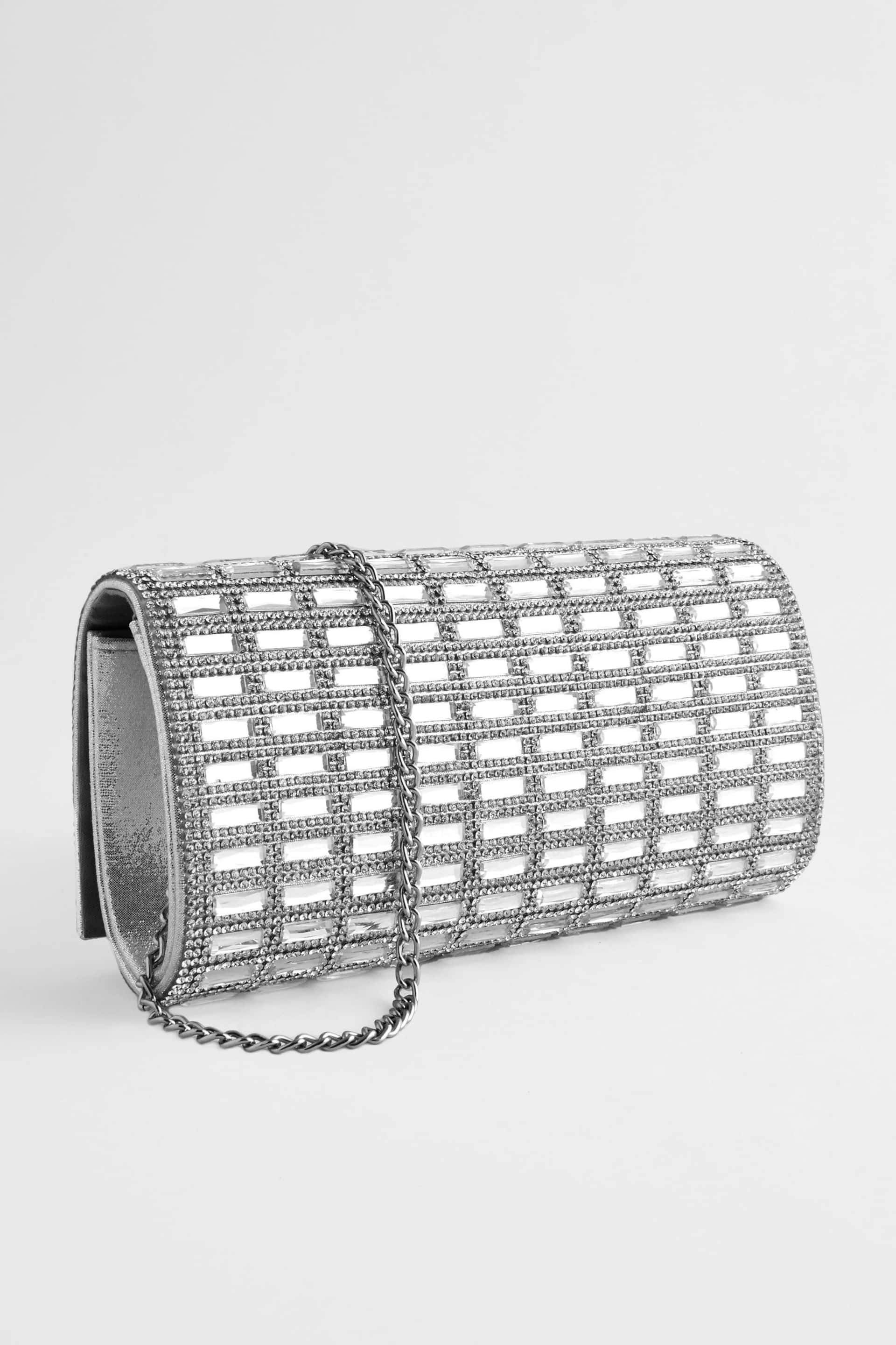 Silver Diamanté Heatseal Barrel Clutch Bag - Image 4 of 8