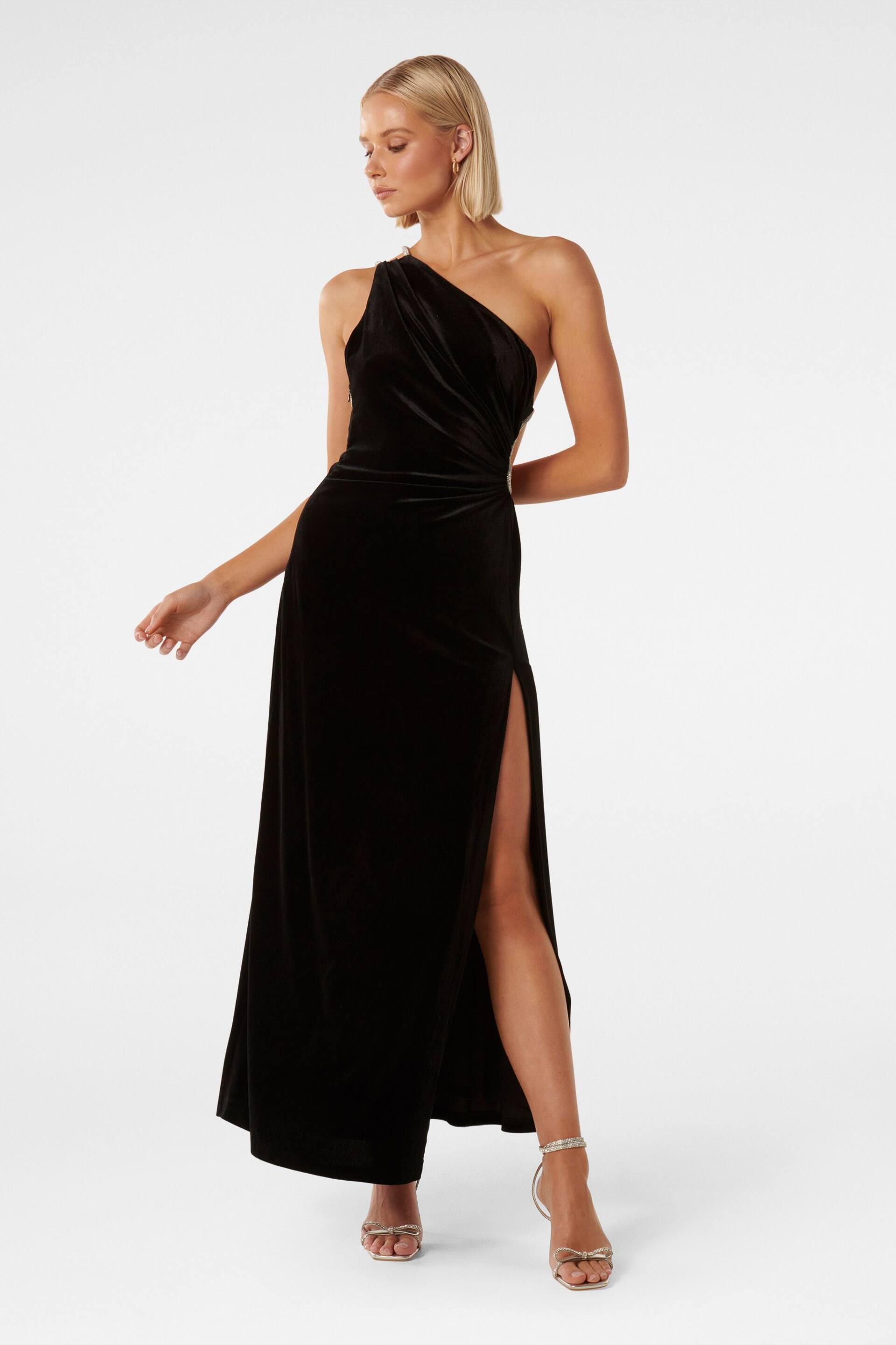 Forever New Black Costanza Diamante Velvet Gown - Image 1 of 4