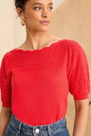 Love & Roses Watermelon Pink Pointelle Scallop Neck Knitted Top - Image 1 of 4