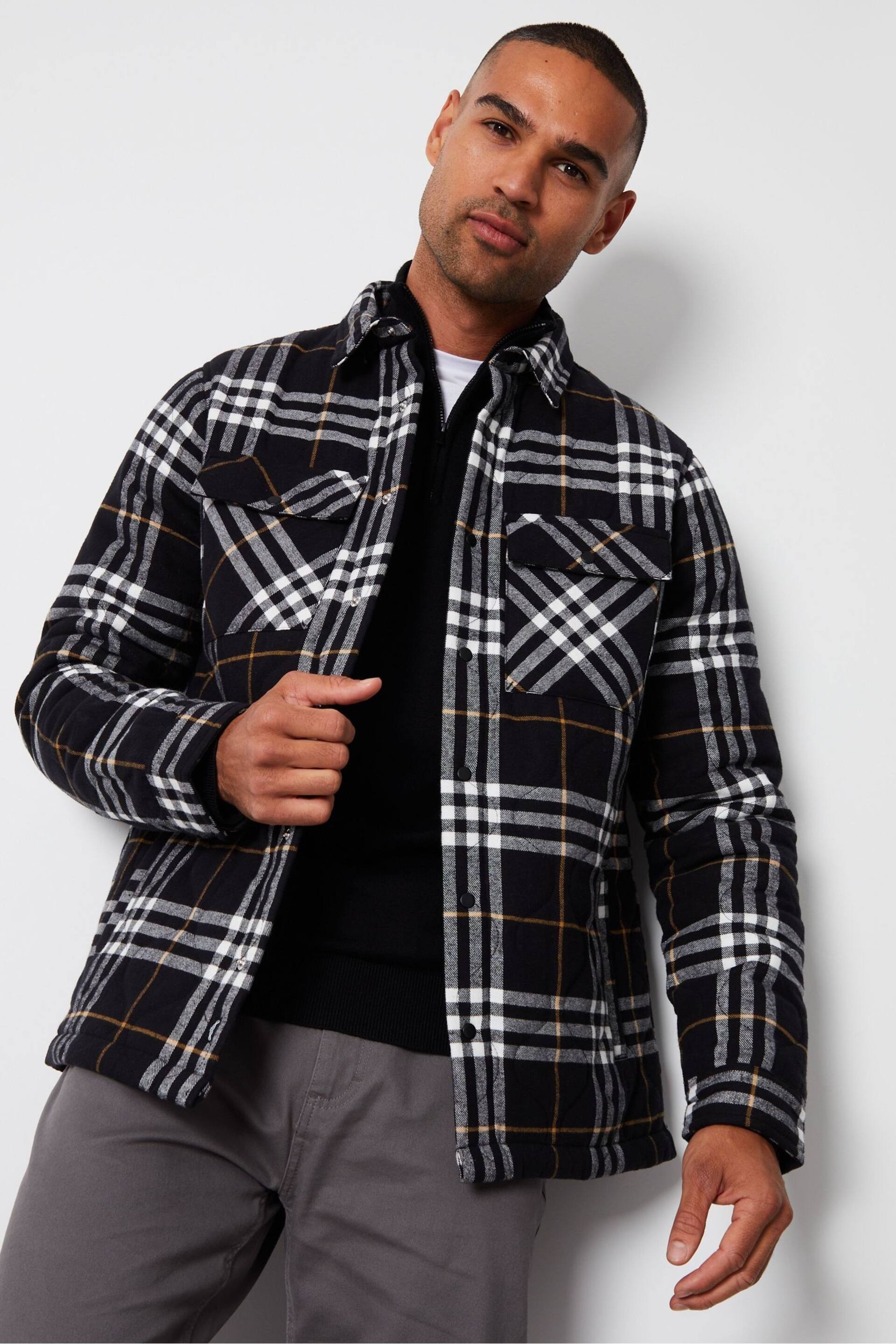 Threadbare Black Brushed Cotton Check Overshirt With Quilted Lining - Image 1 of 4