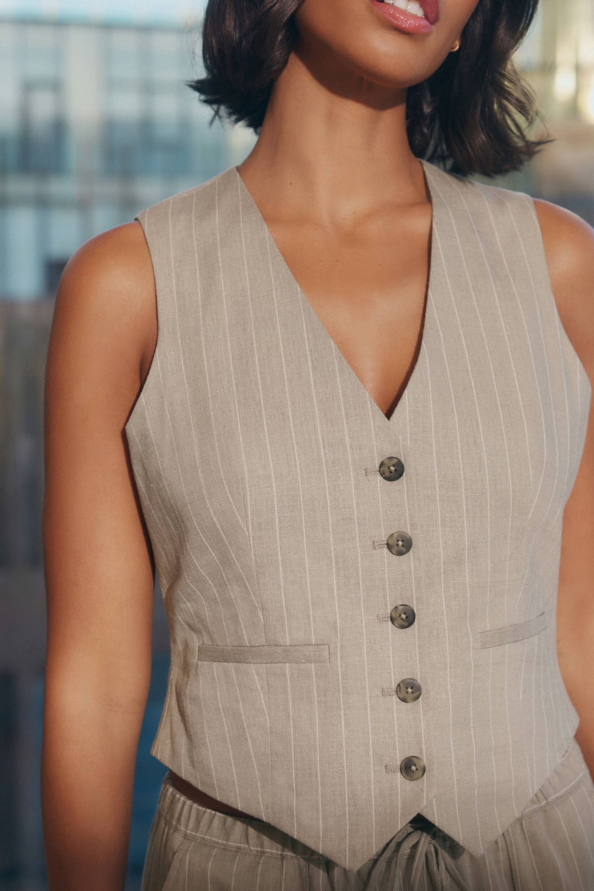 Mink Brown Striped Linen Waistcoat - Image 4 of 6