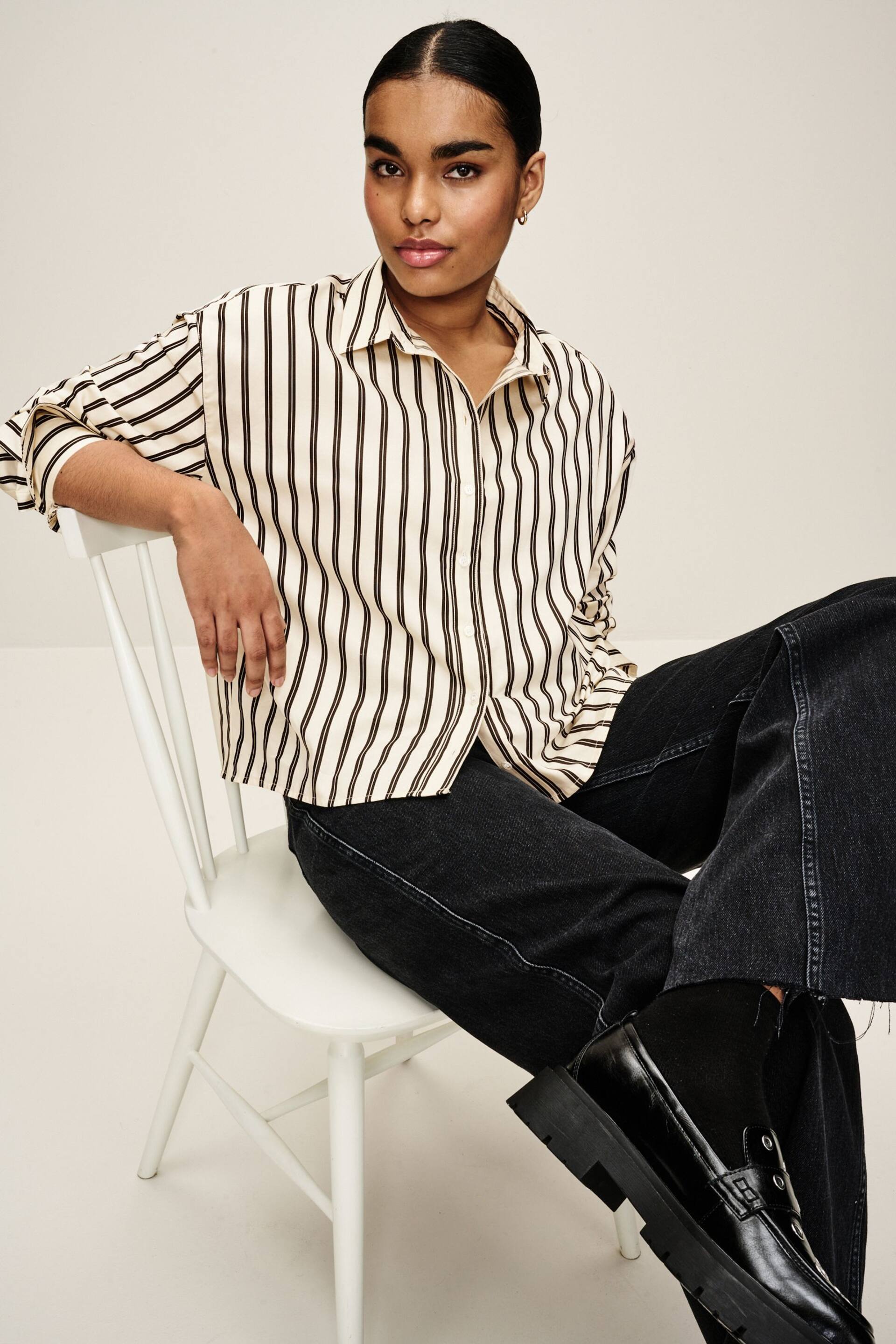 Monochrome Stripe Long Sleeve Cotton Cropped Shirt - Image 3 of 7