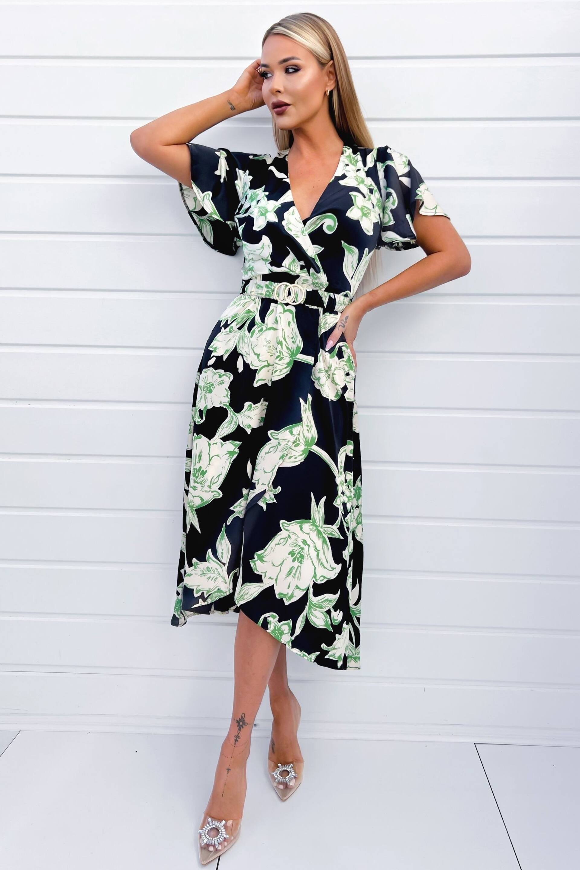 AX Paris Green Floral Printed Short Sleeve Belted Wrap Midi Dress - Image 3 of 4