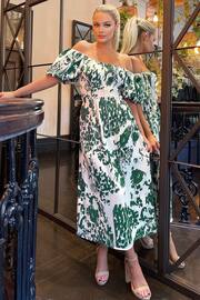 AX Paris Green Printed Elasticated Waist Bardot Midi Dress - Image 1 of 4