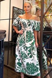 AX Paris Green Printed Elasticated Waist Bardot Midi Dress - Image 3 of 4
