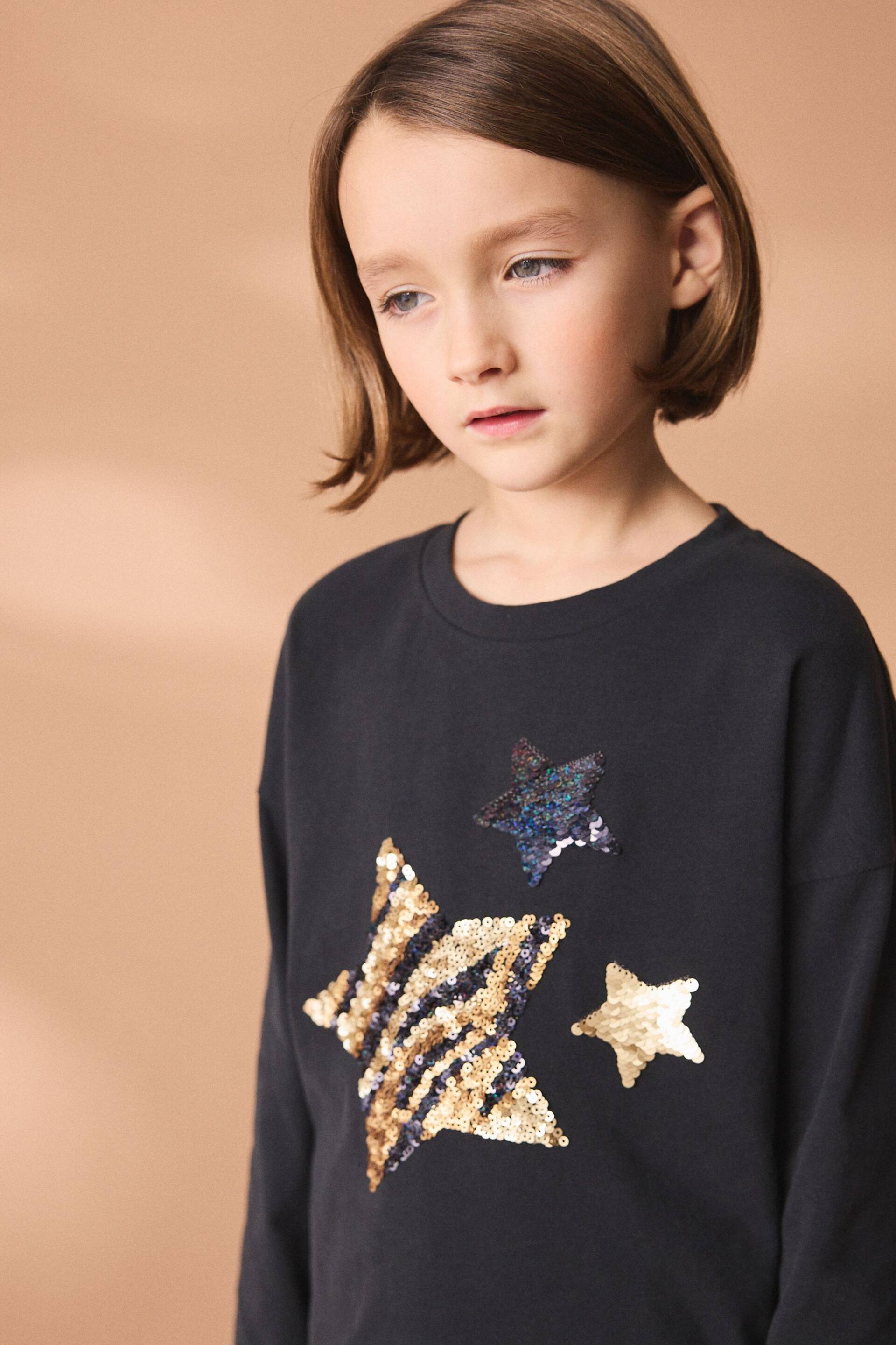 Black Sequin Star Long Sleeve T-Shirt (3-16yrs) - Image 4 of 7