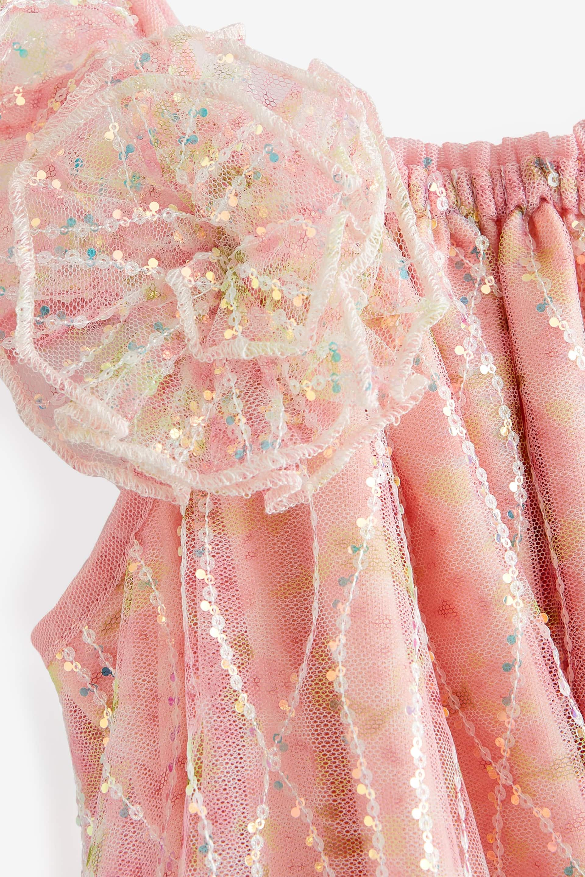 Pink Floral Sequin One Shoulder Party Dress (3-16yrs) - Image 7 of 8