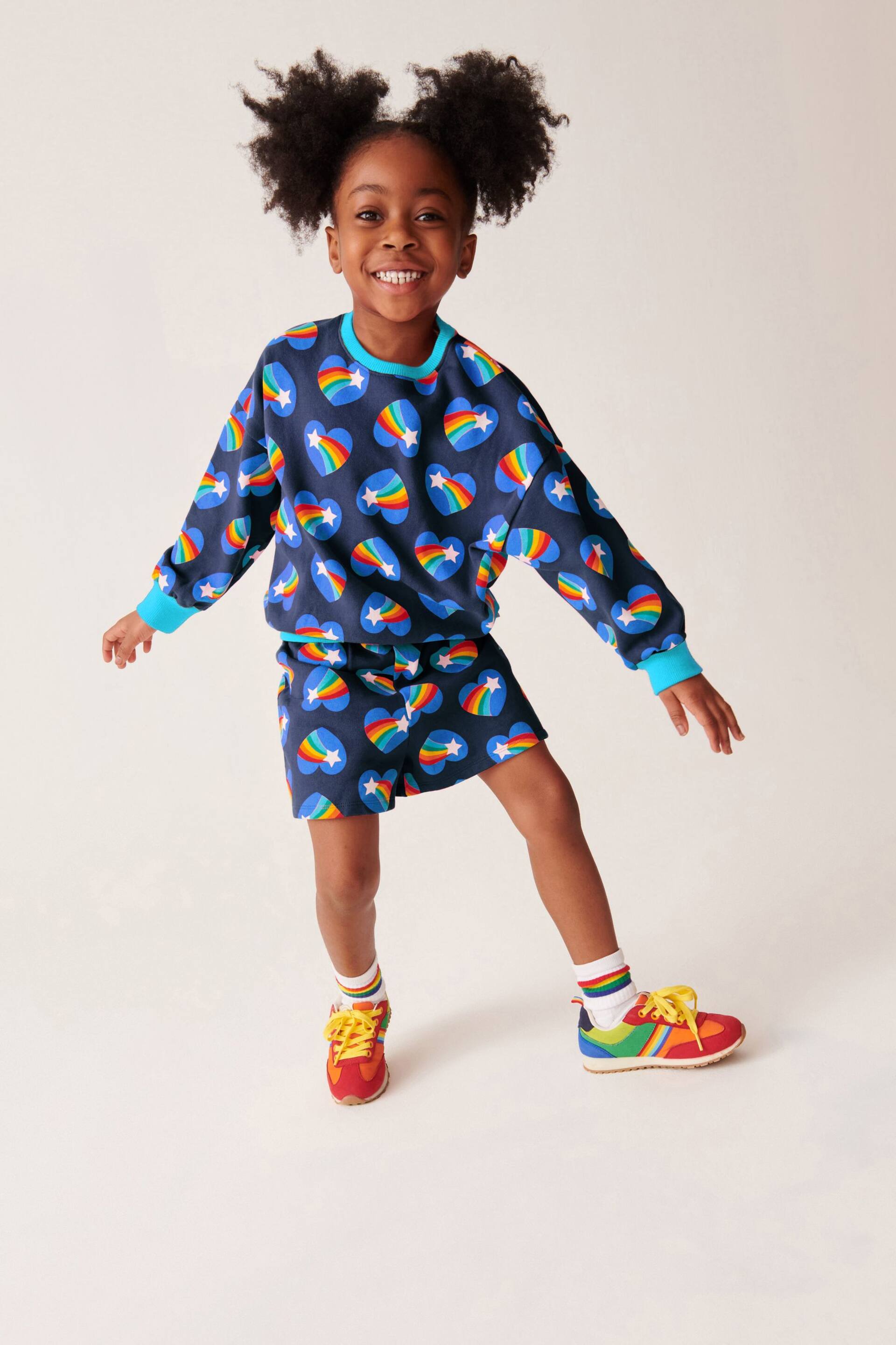 Little Bird by Jools Oliver Blue Rainbow Heart Sweat Top and Short Set - Image 2 of 7