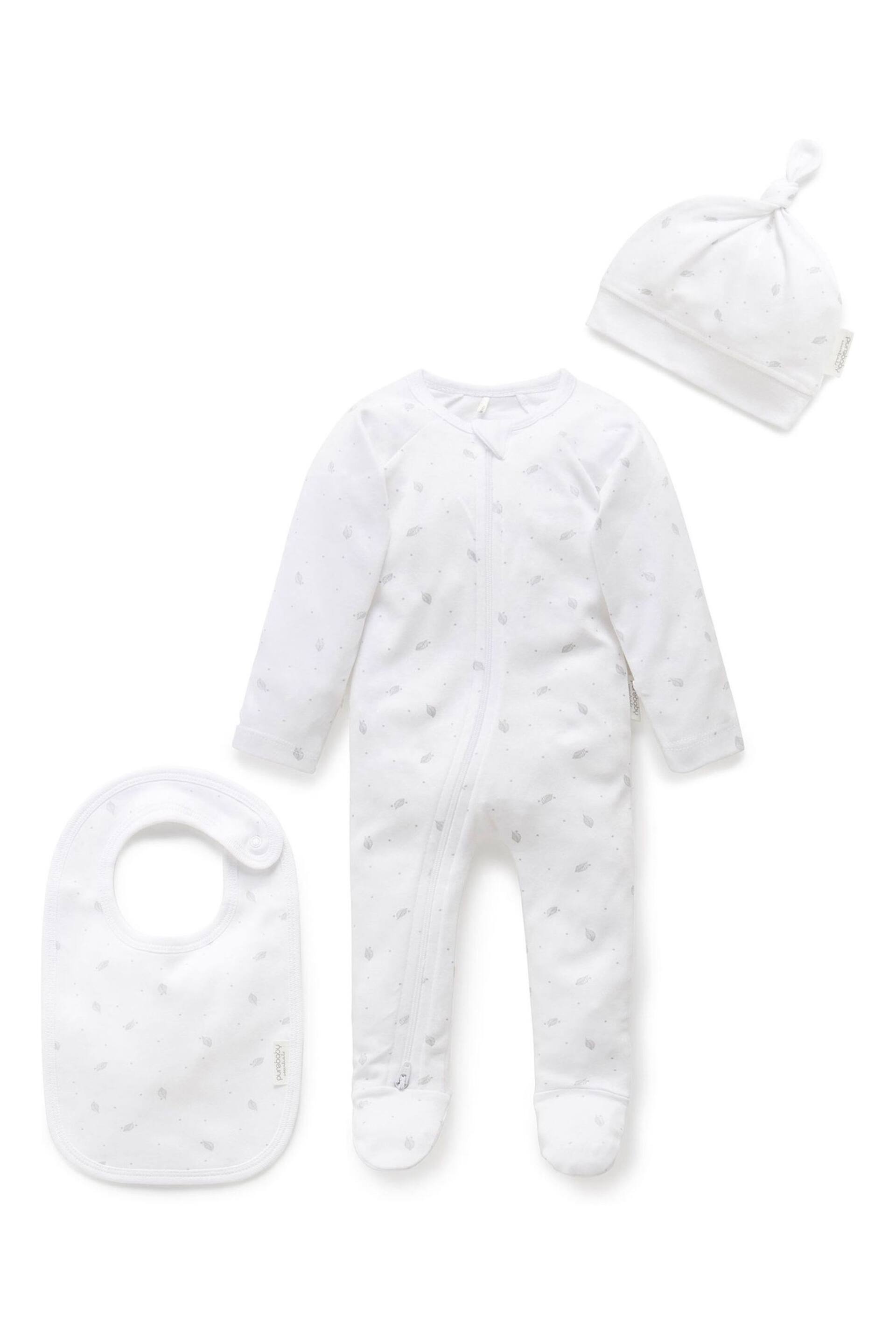 Purebaby 3 Piece Baby Hat, Bib & Sleepsuit Set - Image 1 of 2