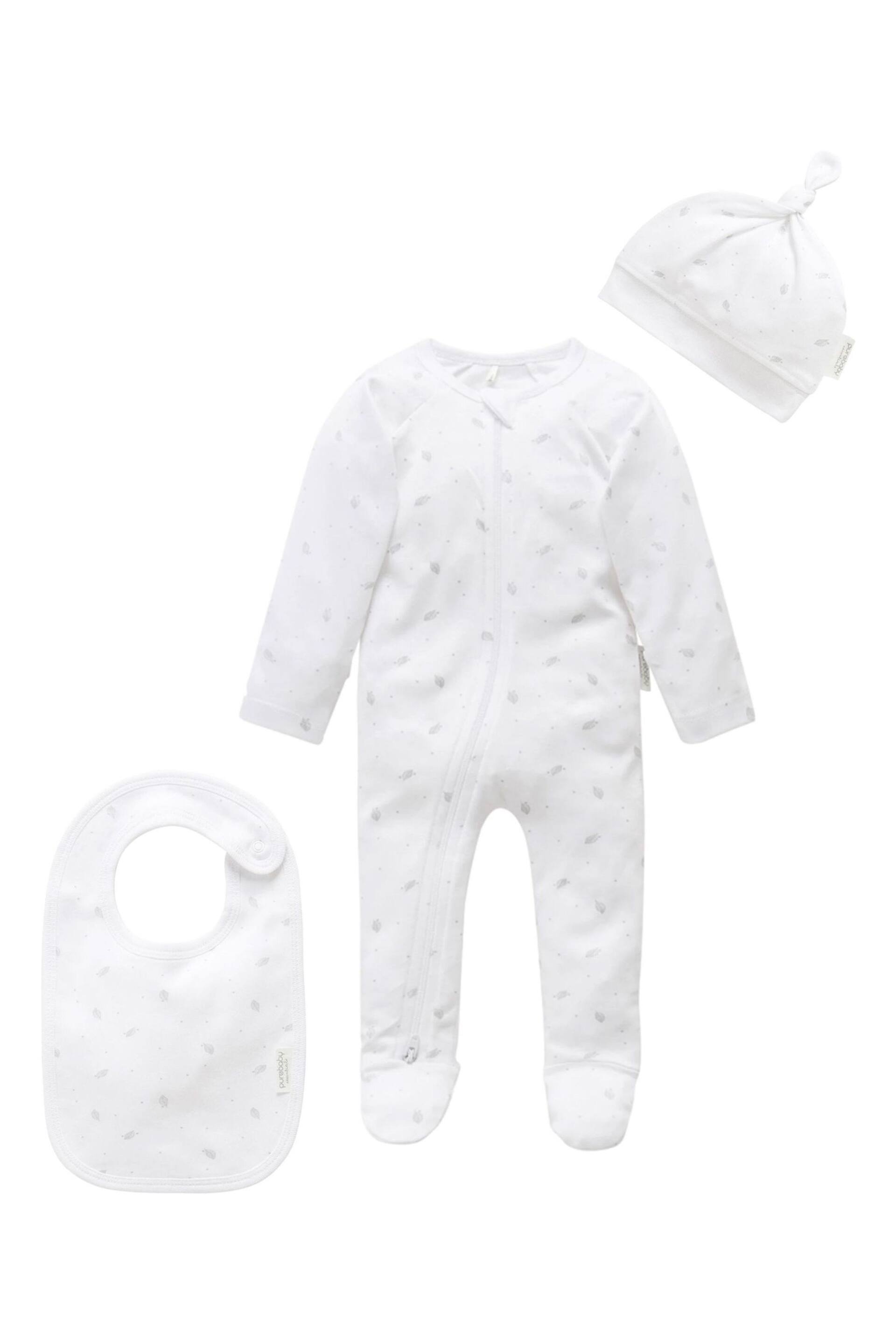Purebaby 3 Piece Baby Hat, Bib & Sleepsuit Set - Image 2 of 2