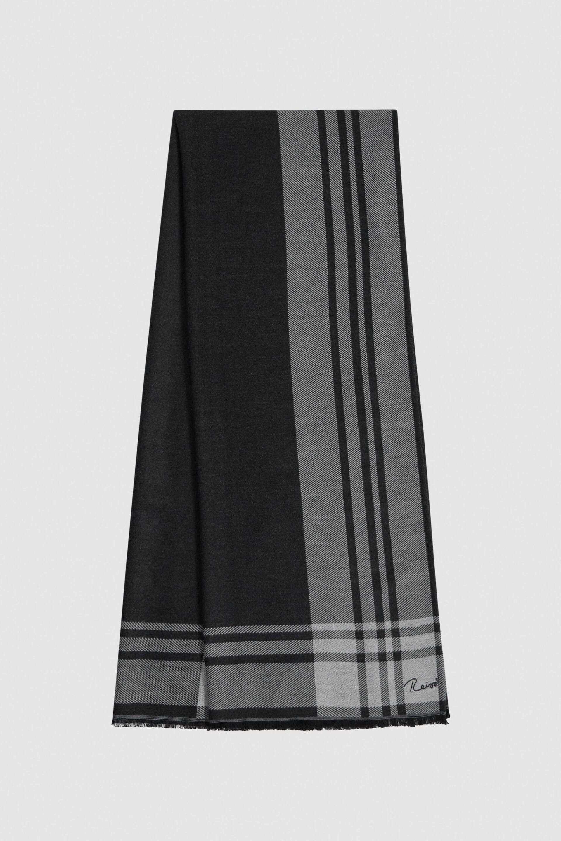 Reiss Black/White Clara Checked Embroidered Scarf - Image 1 of 4