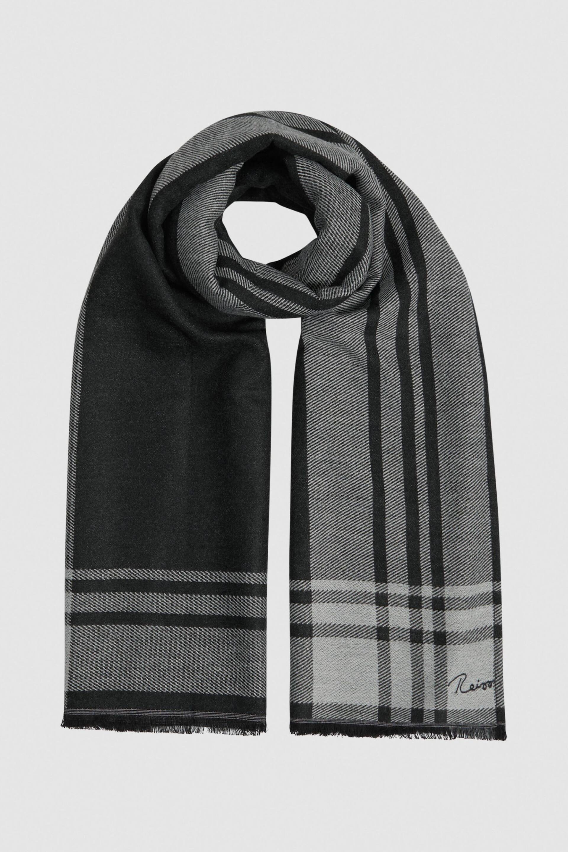 Reiss Black/White Clara Checked Embroidered Scarf - Image 3 of 4