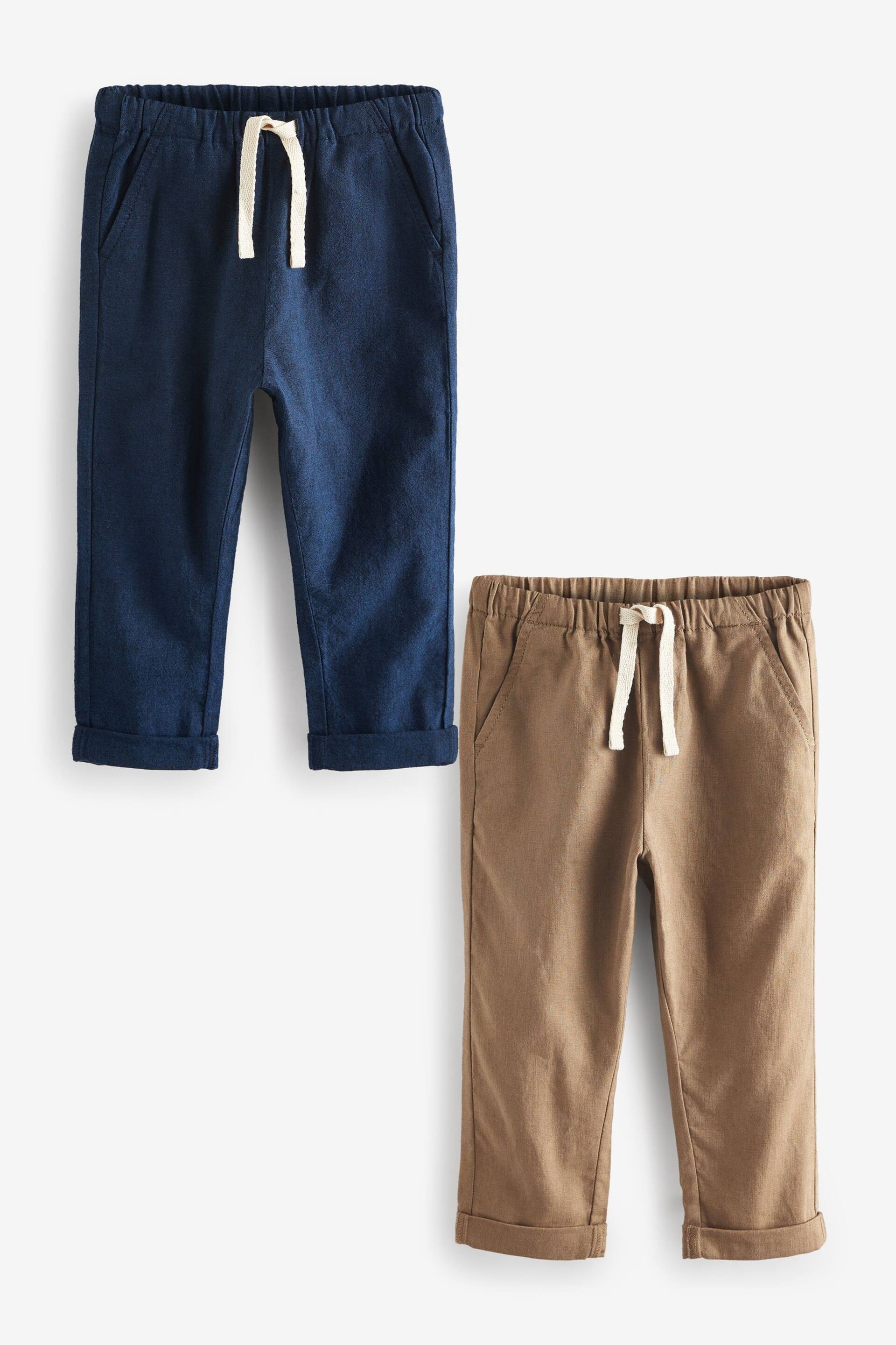 Navy/Tan 2 Pack Linen Blend Pull On Trousers (3mths-7yrs) - Image 1 of 5