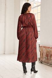 Brown Leaf Print Tie Neck Long Sleeve Midi Dress - Image 6 of 10
