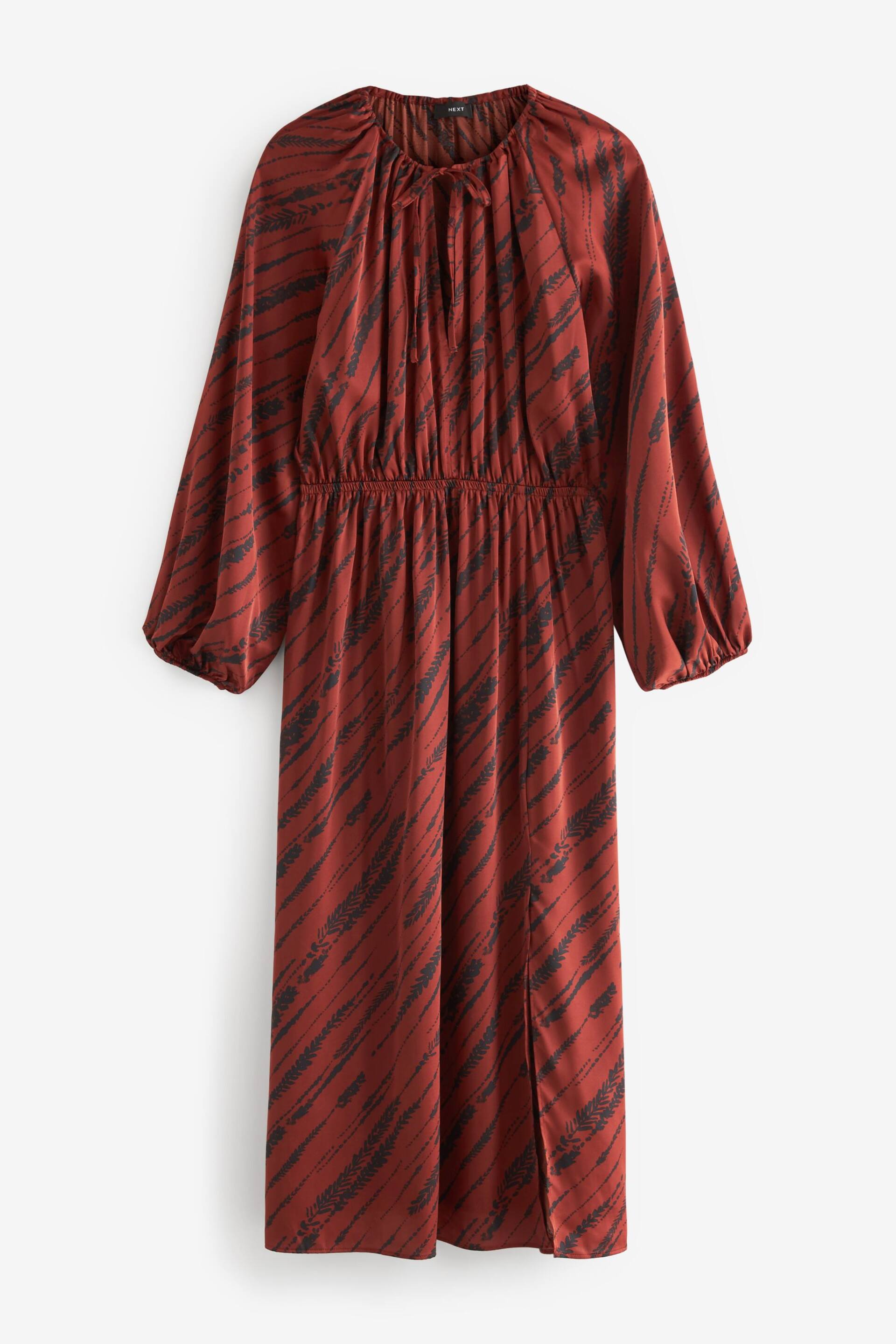 Brown Leaf Print Tie Neck Long Sleeve Midi Dress - Image 9 of 10