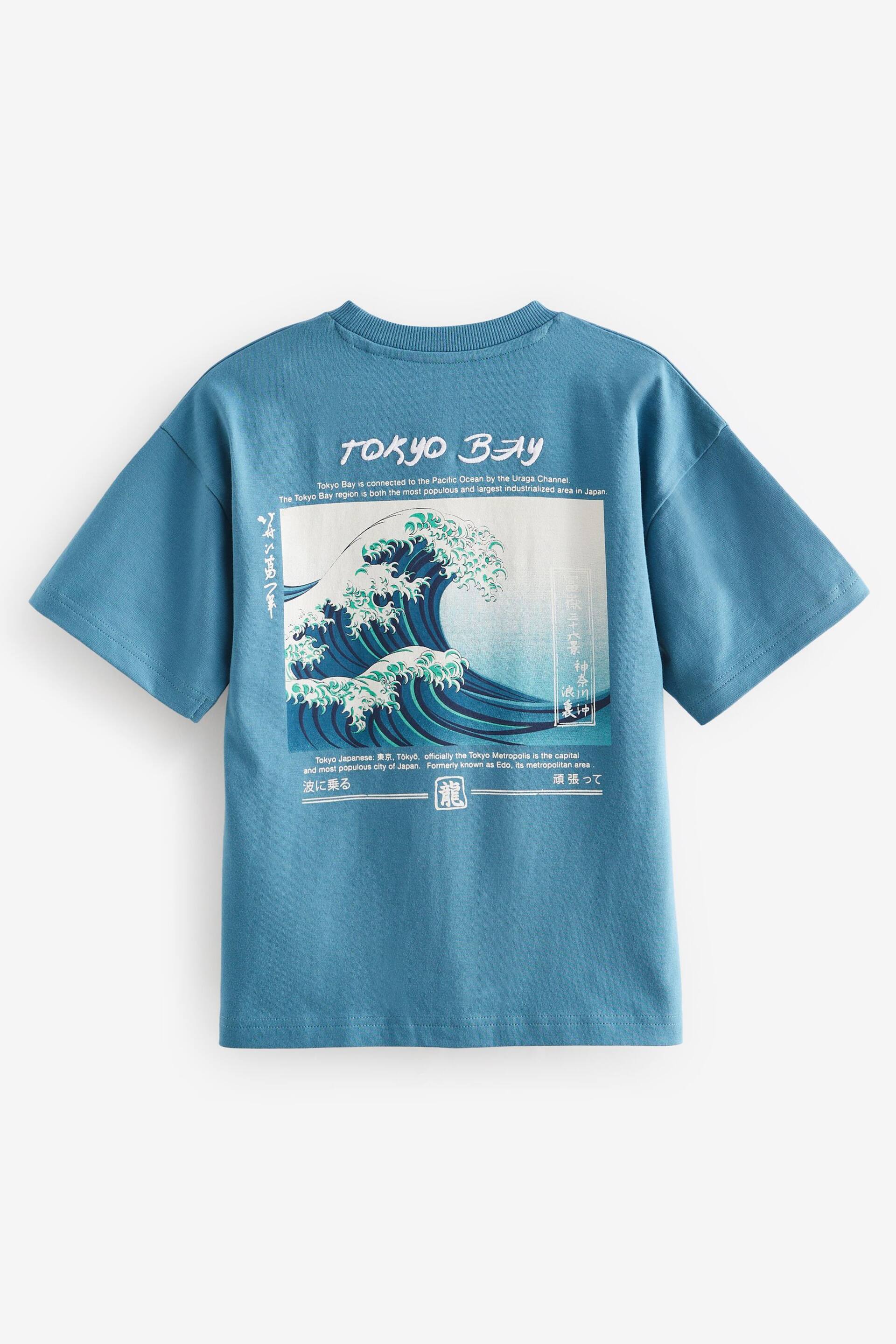 Teal Blue Wave Backprint Relaxed Fit Short Sleeve Graphic T-Shirt (3-16yrs) - Image 2 of 3