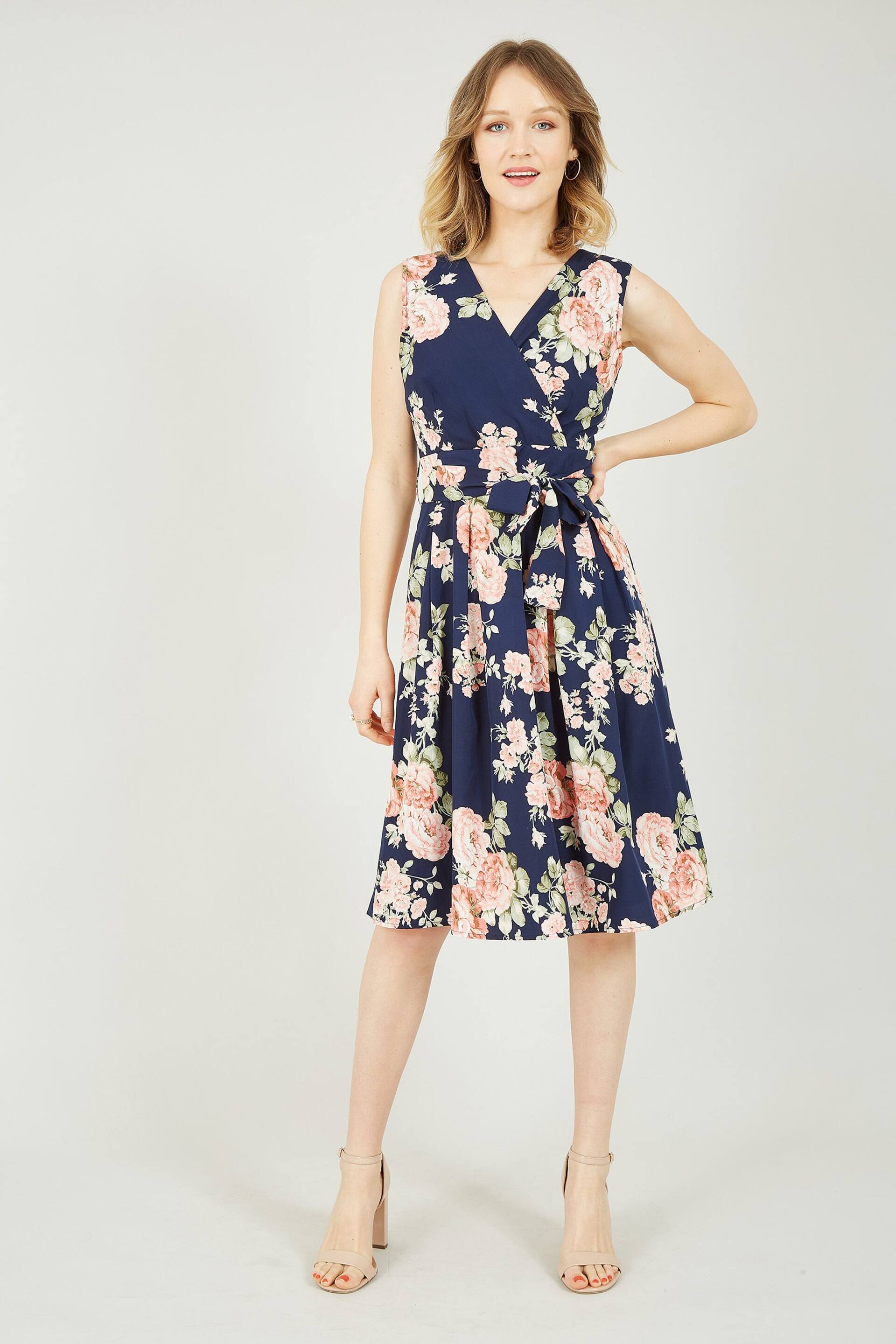 Mela Blue Rose Printed Wrap Over Sleeveless Skater Dress - Image 1 of 4