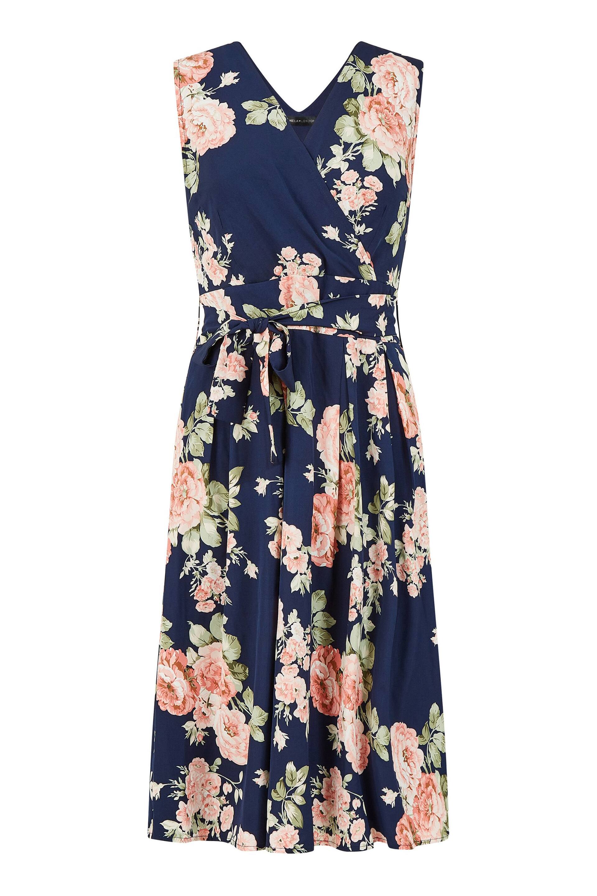 Mela Blue Rose Printed Wrap Over Sleeveless Skater Dress - Image 4 of 4