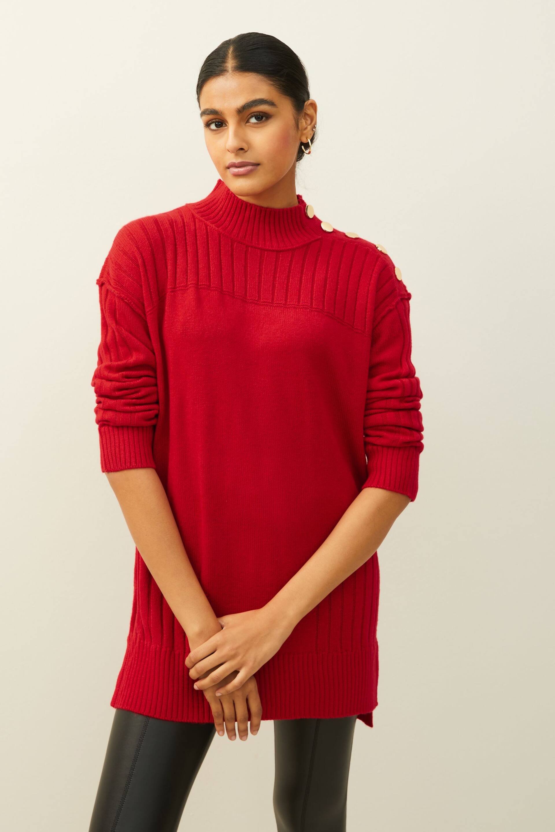 Red Gold Button Longline Cosy Jumper - Image 1 of 6